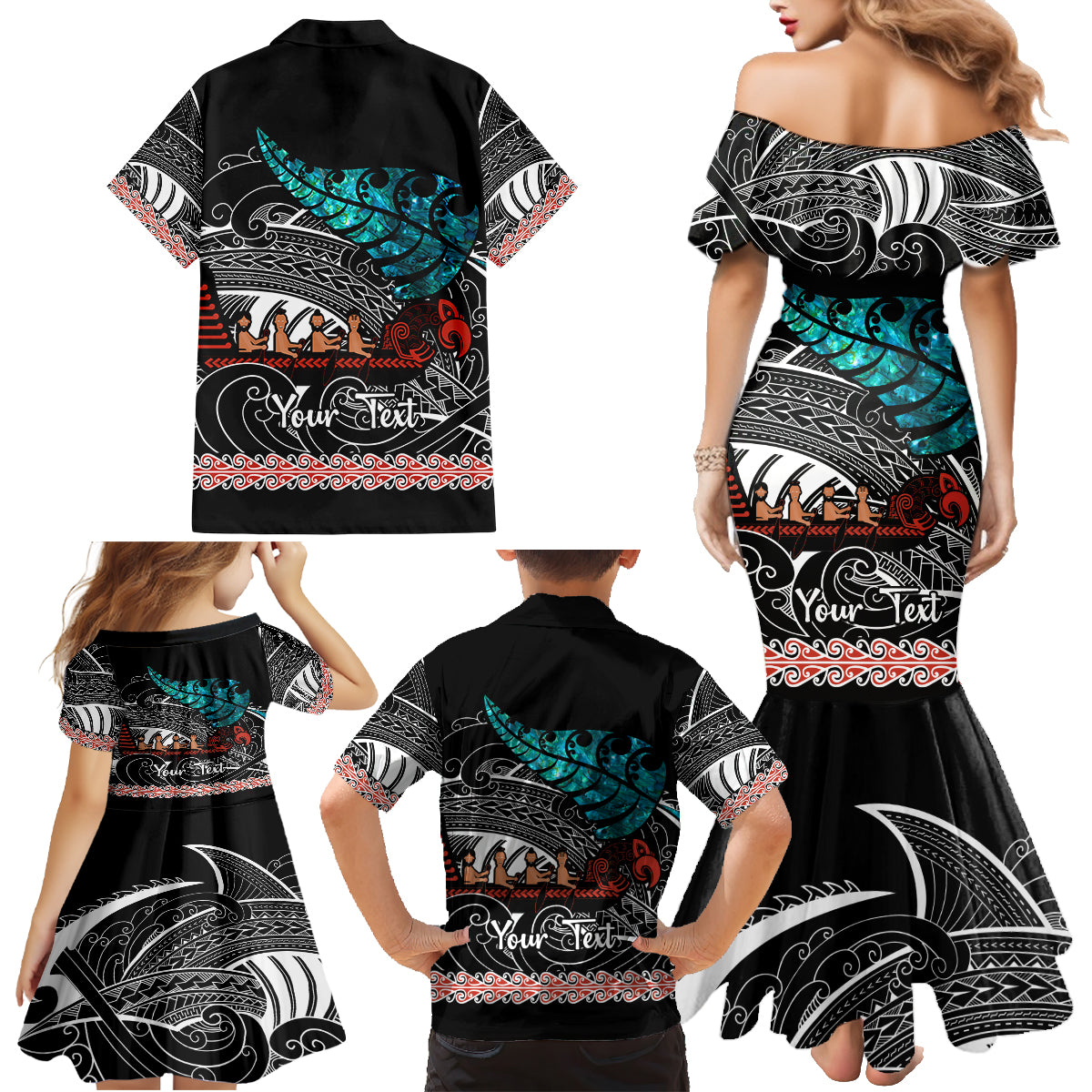 personalised-new-zealand-waka-family-matching-mermaid-dress-and-hawaiian-shirt-aotearoa-maori-silver-fern-pattern