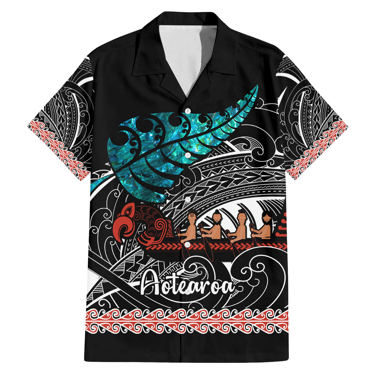 personalised-new-zealand-waka-family-matching-mermaid-dress-and-hawaiian-shirt-aotearoa-maori-silver-fern-pattern