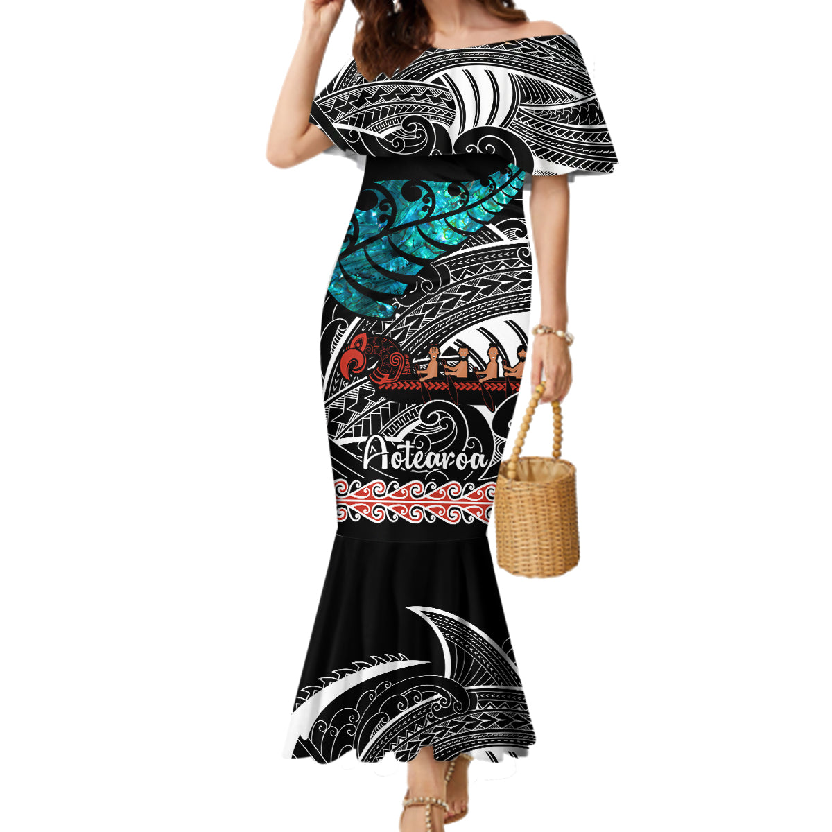 personalised-new-zealand-waka-family-matching-mermaid-dress-and-hawaiian-shirt-aotearoa-maori-silver-fern-pattern