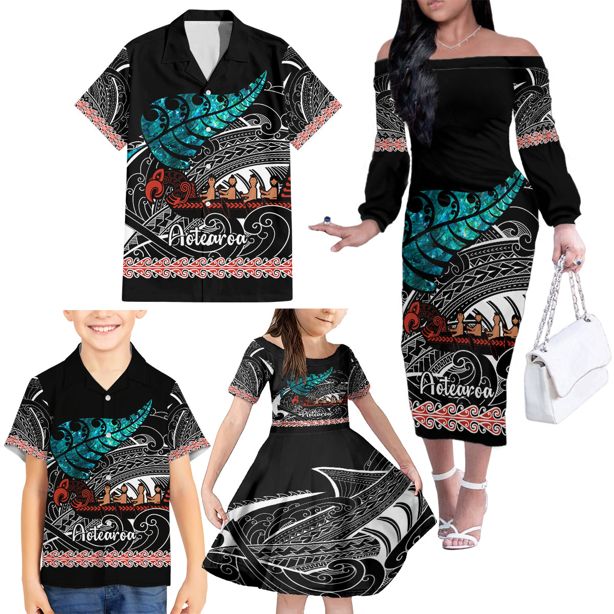 personalised-new-zealand-waka-family-matching-off-shoulder-long-sleeve-dress-and-hawaiian-shirt-aotearoa-maori-silver-fern-pattern