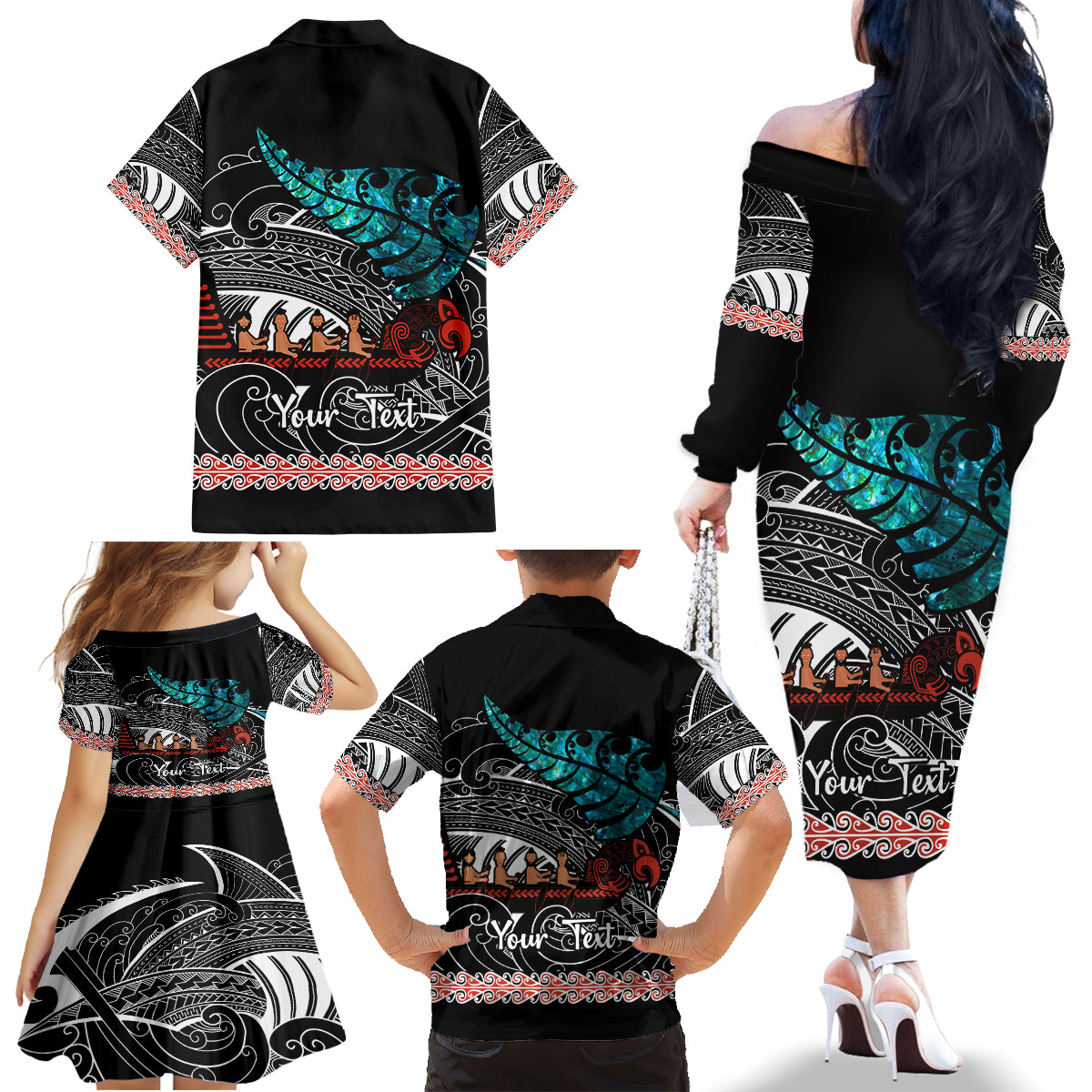 personalised-new-zealand-waka-family-matching-off-shoulder-long-sleeve-dress-and-hawaiian-shirt-aotearoa-maori-silver-fern-pattern