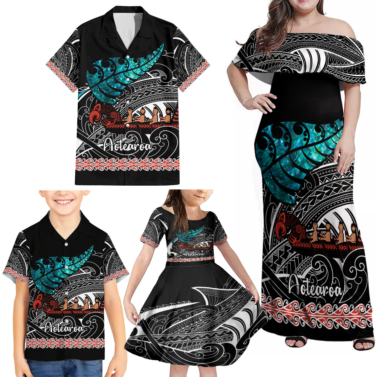 personalised-new-zealand-waka-family-matching-off-shoulder-maxi-dress-and-hawaiian-shirt-aotearoa-maori-silver-fern-pattern