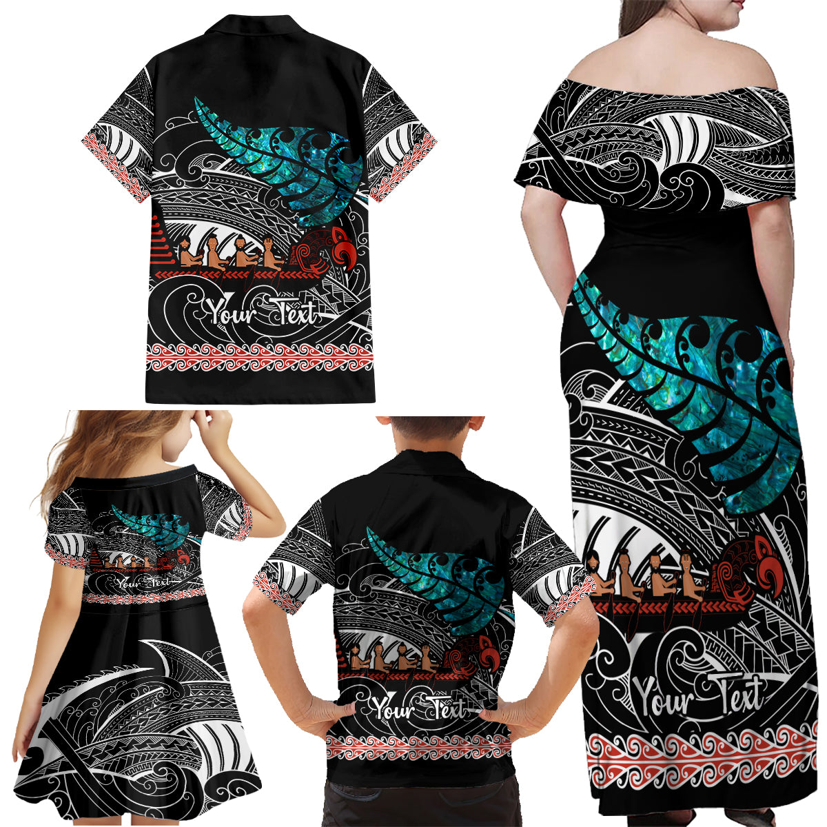 personalised-new-zealand-waka-family-matching-off-shoulder-maxi-dress-and-hawaiian-shirt-aotearoa-maori-silver-fern-pattern