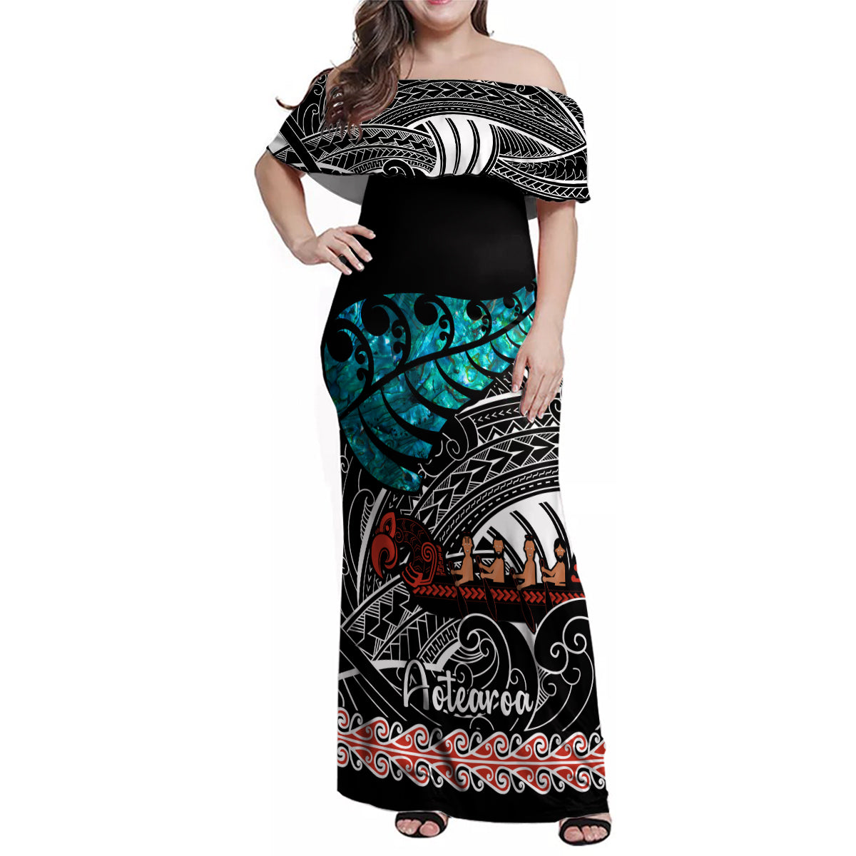 personalised-new-zealand-waka-family-matching-off-shoulder-maxi-dress-and-hawaiian-shirt-aotearoa-maori-silver-fern-pattern