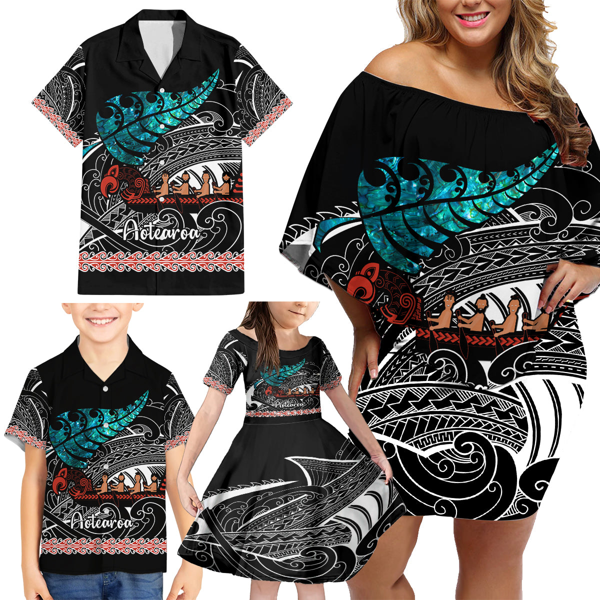 personalised-new-zealand-waka-family-matching-off-shoulder-short-dress-and-hawaiian-shirt-aotearoa-maori-silver-fern-pattern