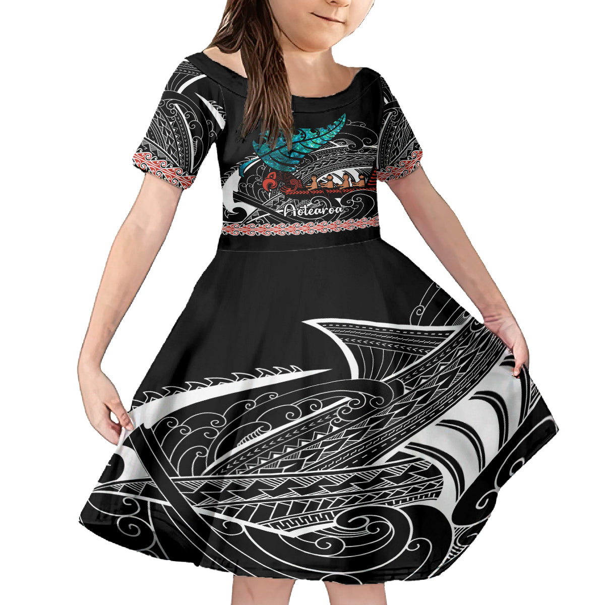 personalised-new-zealand-waka-family-matching-off-shoulder-short-dress-and-hawaiian-shirt-aotearoa-maori-silver-fern-pattern