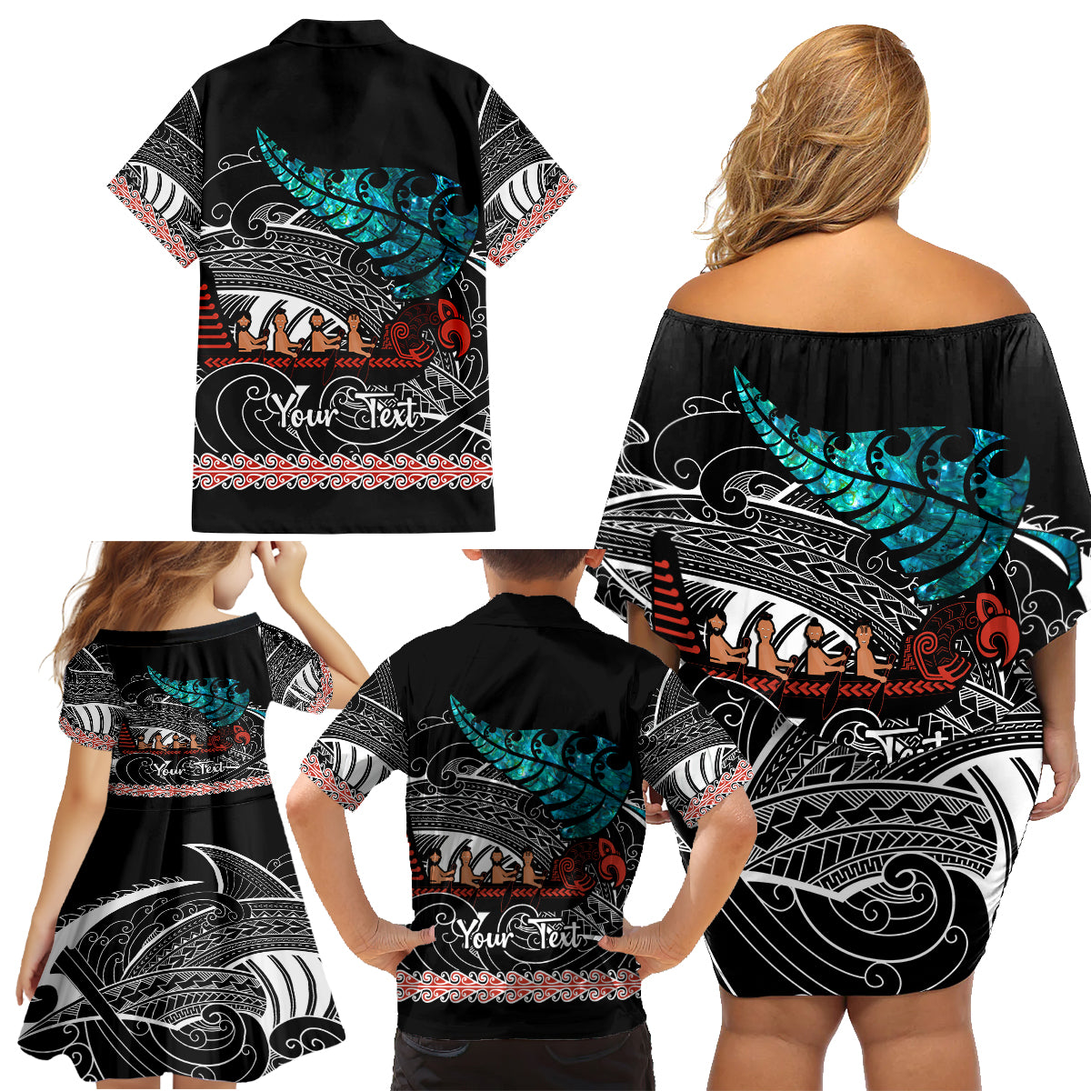 personalised-new-zealand-waka-family-matching-off-shoulder-short-dress-and-hawaiian-shirt-aotearoa-maori-silver-fern-pattern