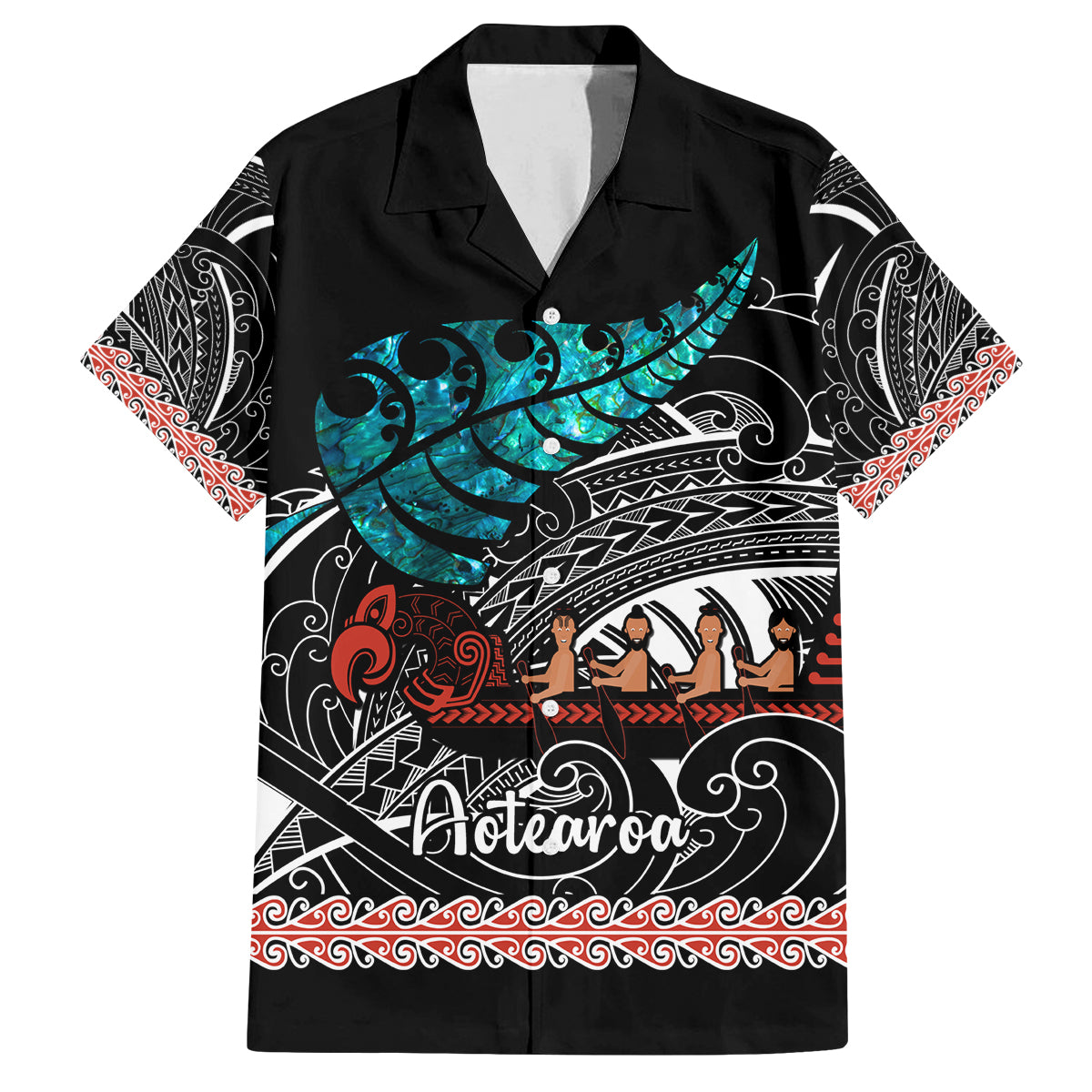 personalised-new-zealand-waka-family-matching-off-shoulder-short-dress-and-hawaiian-shirt-aotearoa-maori-silver-fern-pattern