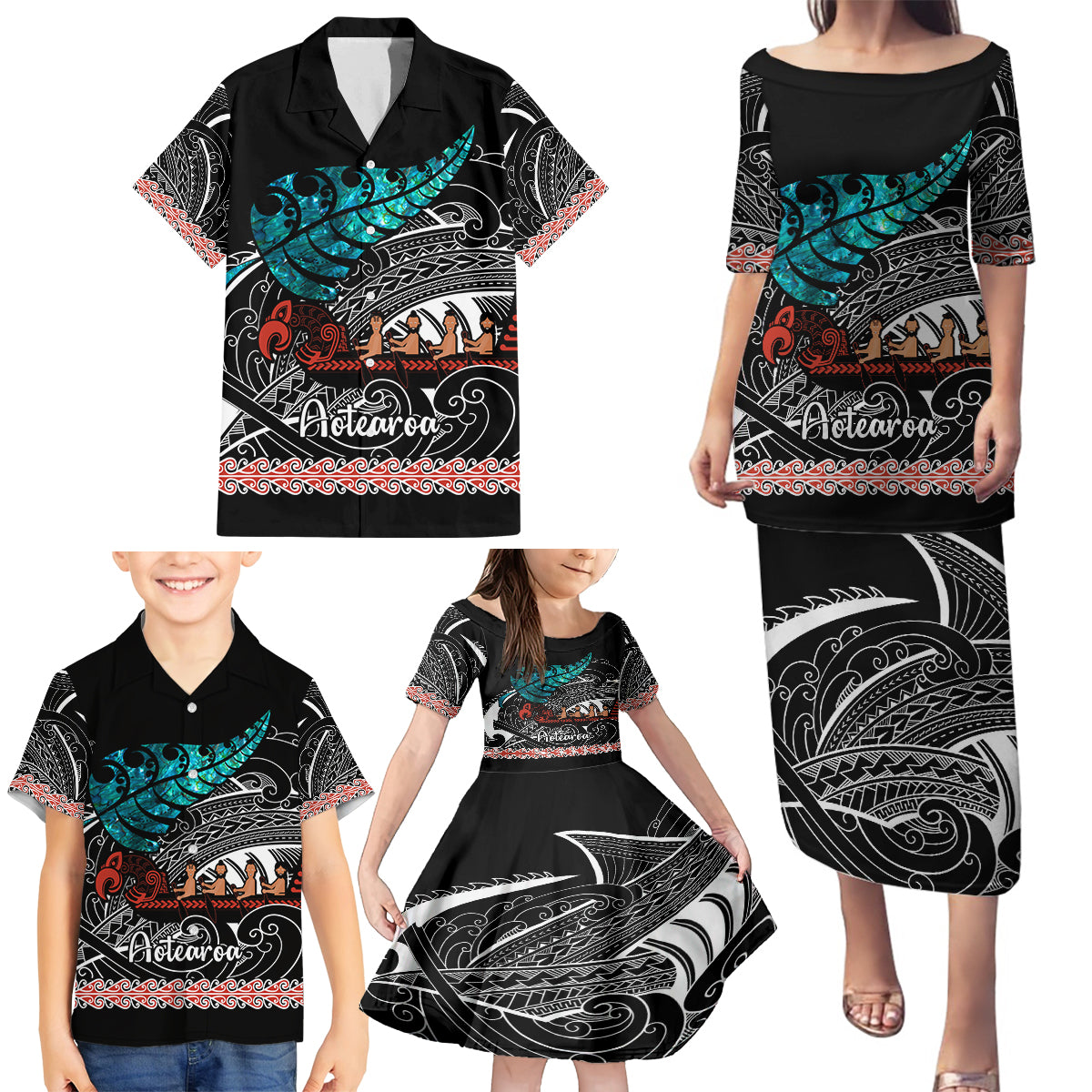 personalised-new-zealand-waka-family-matching-puletasi-dress-and-hawaiian-shirt-aotearoa-maori-silver-fern-pattern