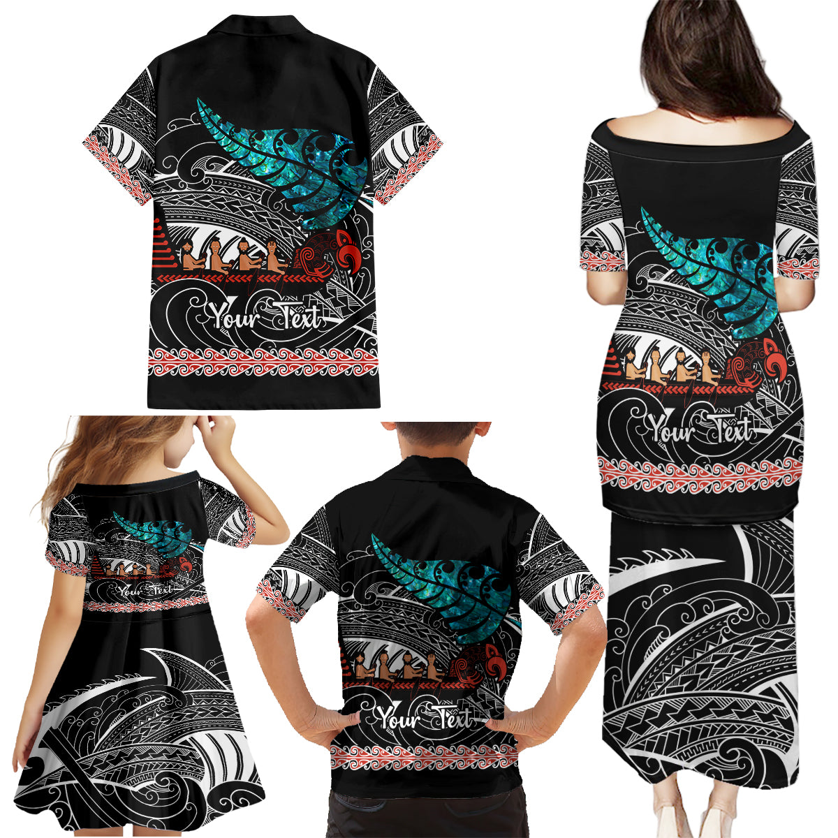 personalised-new-zealand-waka-family-matching-puletasi-dress-and-hawaiian-shirt-aotearoa-maori-silver-fern-pattern