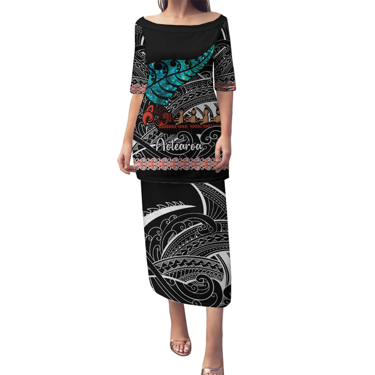 personalised-new-zealand-waka-family-matching-puletasi-dress-and-hawaiian-shirt-aotearoa-maori-silver-fern-pattern