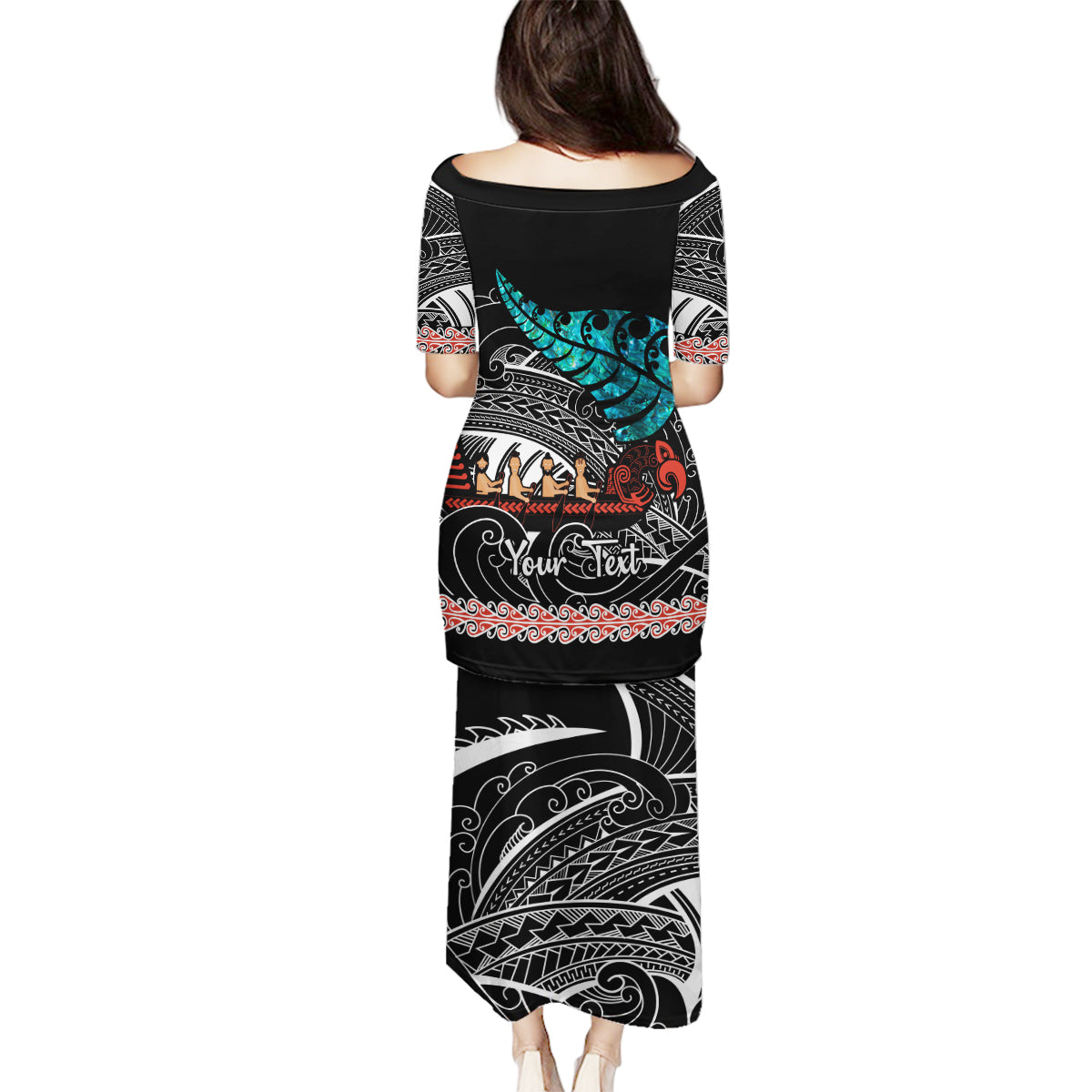 personalised-new-zealand-waka-family-matching-puletasi-dress-and-hawaiian-shirt-aotearoa-maori-silver-fern-pattern