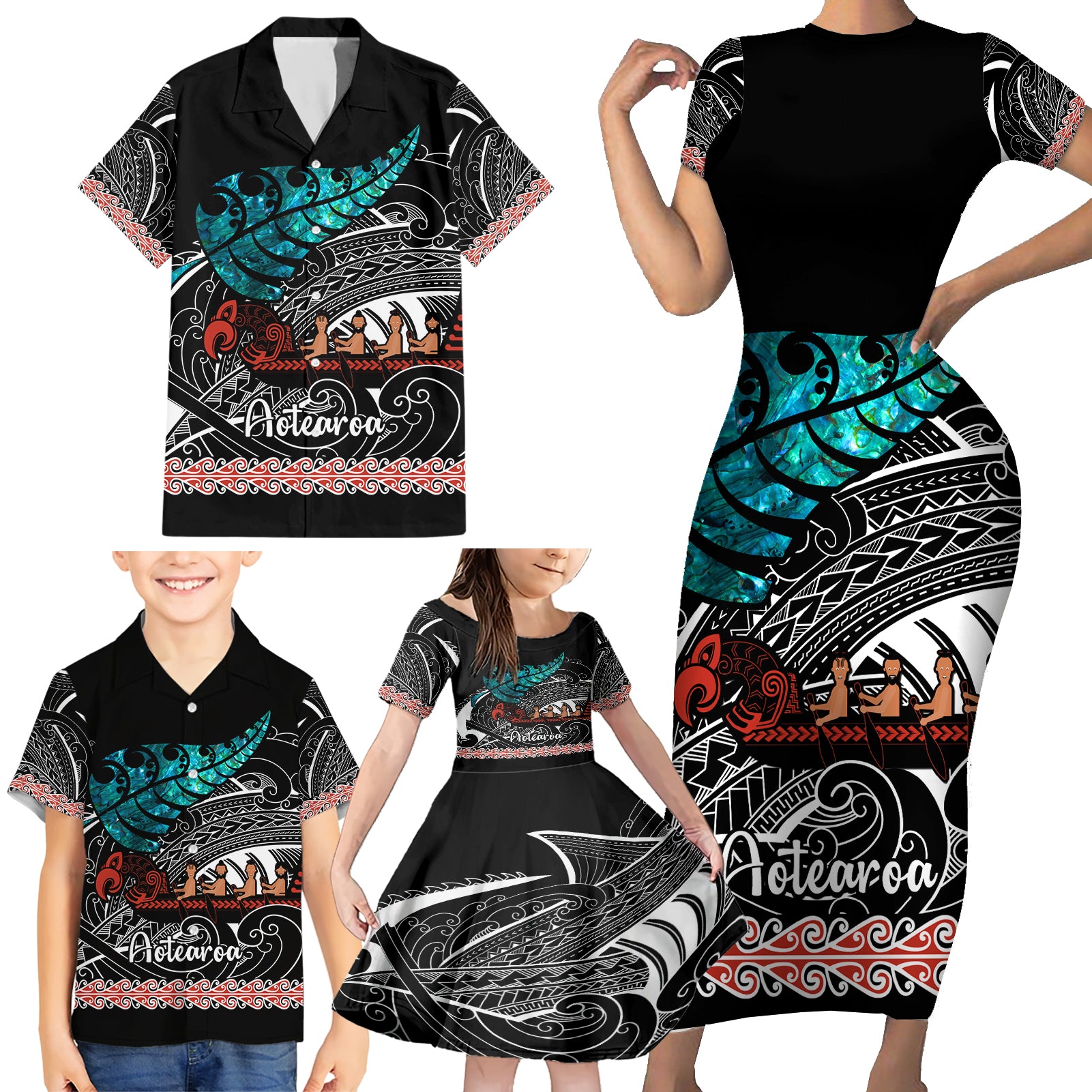 personalised-new-zealand-waka-family-matching-short-sleeve-bodycon-dress-and-hawaiian-shirt-aotearoa-maori-silver-fern-pattern