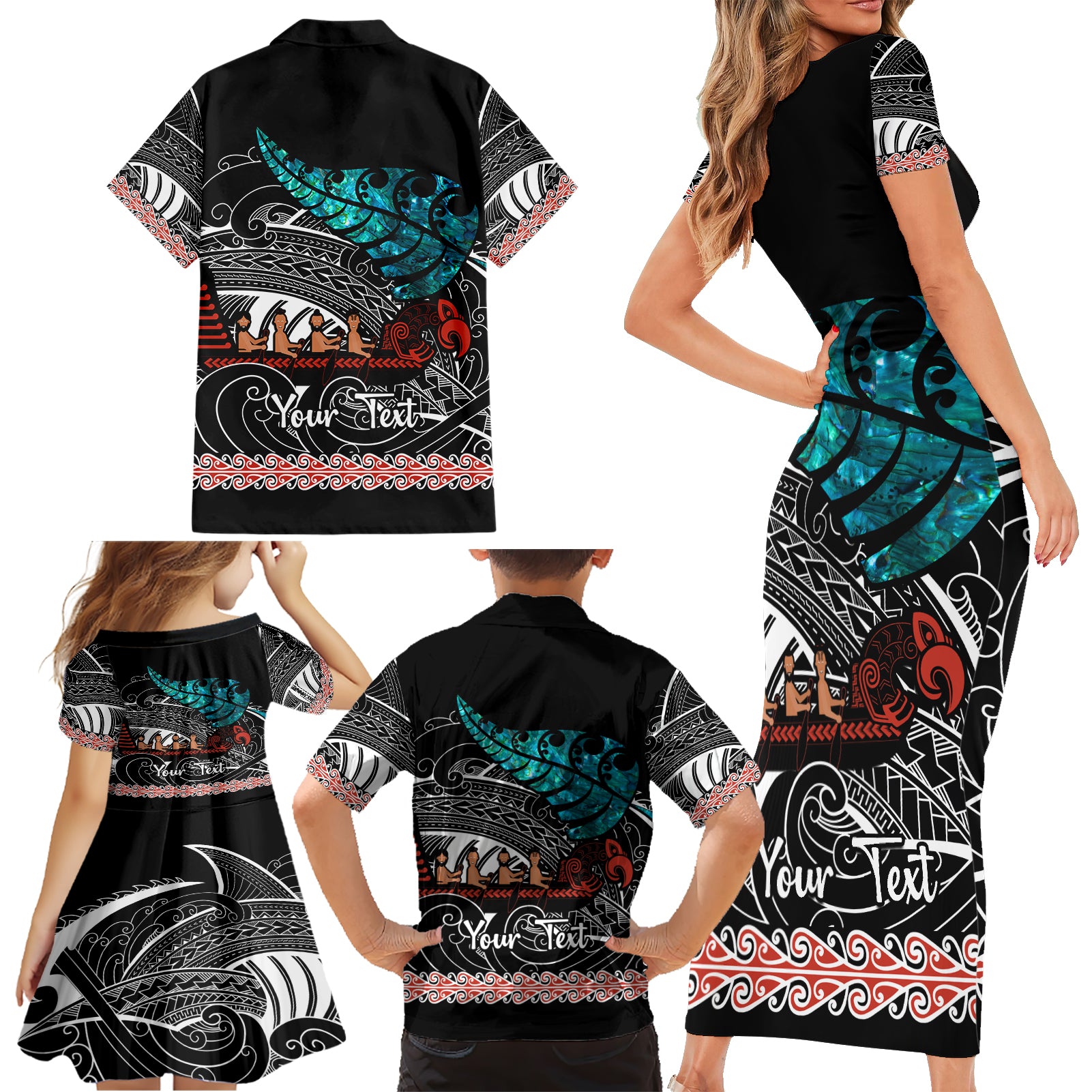 personalised-new-zealand-waka-family-matching-short-sleeve-bodycon-dress-and-hawaiian-shirt-aotearoa-maori-silver-fern-pattern