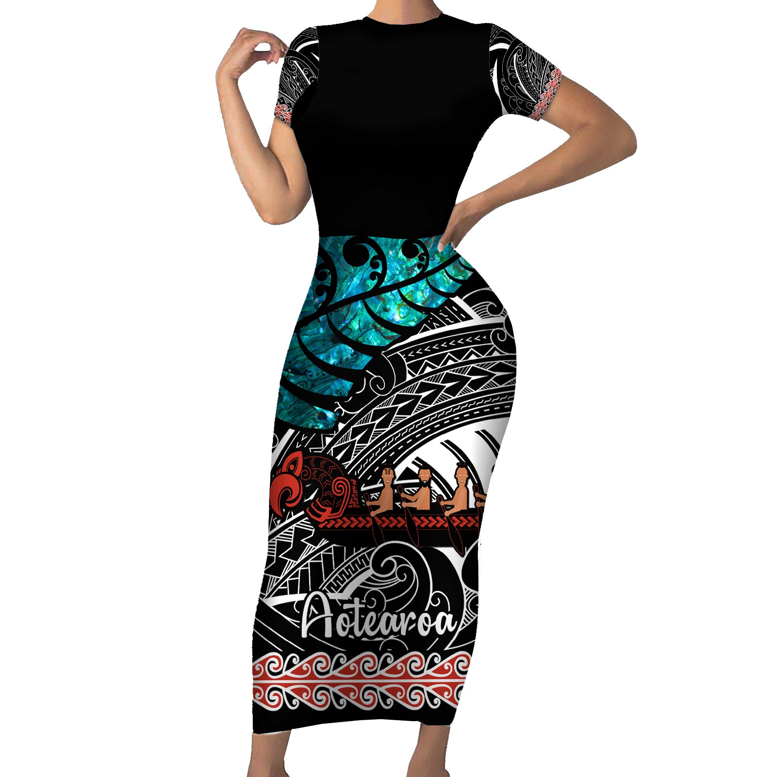 personalised-new-zealand-waka-family-matching-short-sleeve-bodycon-dress-and-hawaiian-shirt-aotearoa-maori-silver-fern-pattern