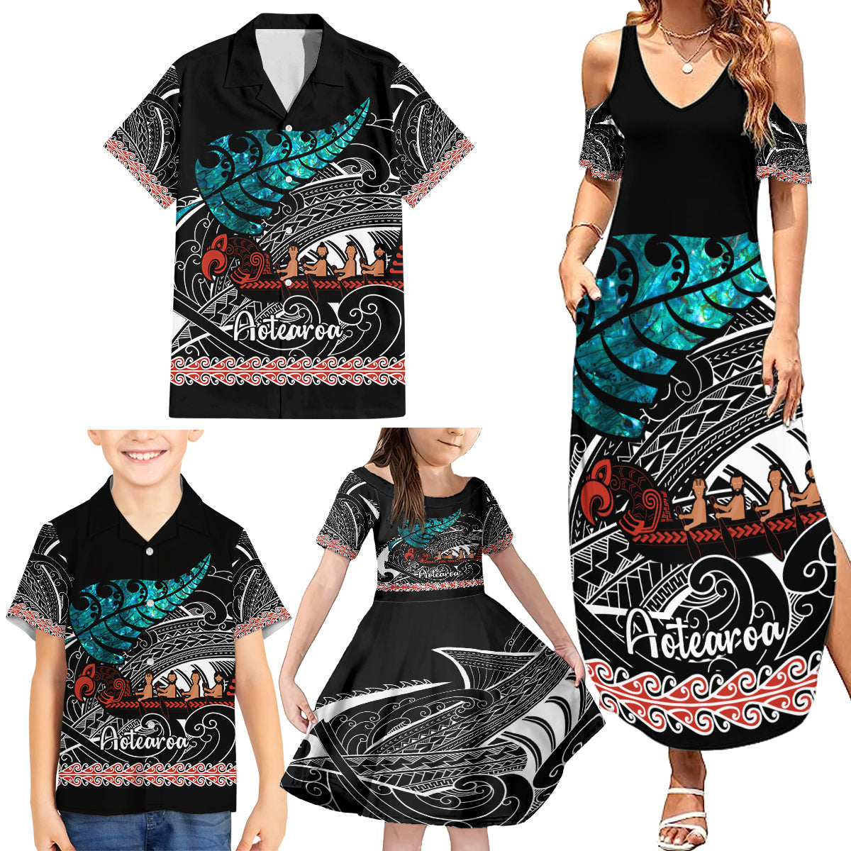 personalised-new-zealand-waka-family-matching-summer-maxi-dress-and-hawaiian-shirt-aotearoa-maori-silver-fern-pattern