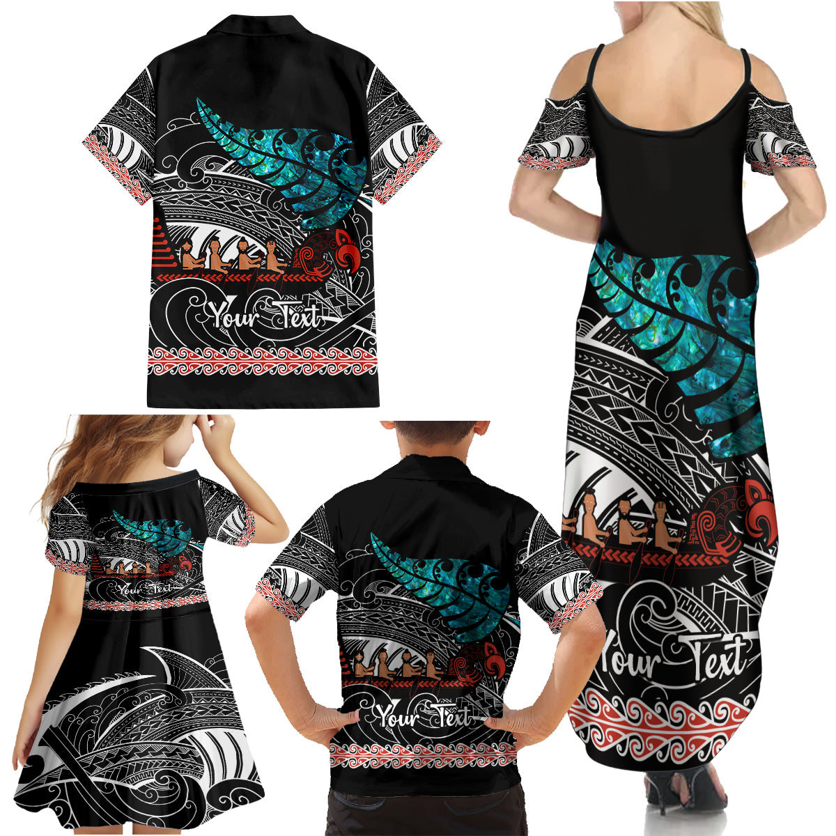 personalised-new-zealand-waka-family-matching-summer-maxi-dress-and-hawaiian-shirt-aotearoa-maori-silver-fern-pattern