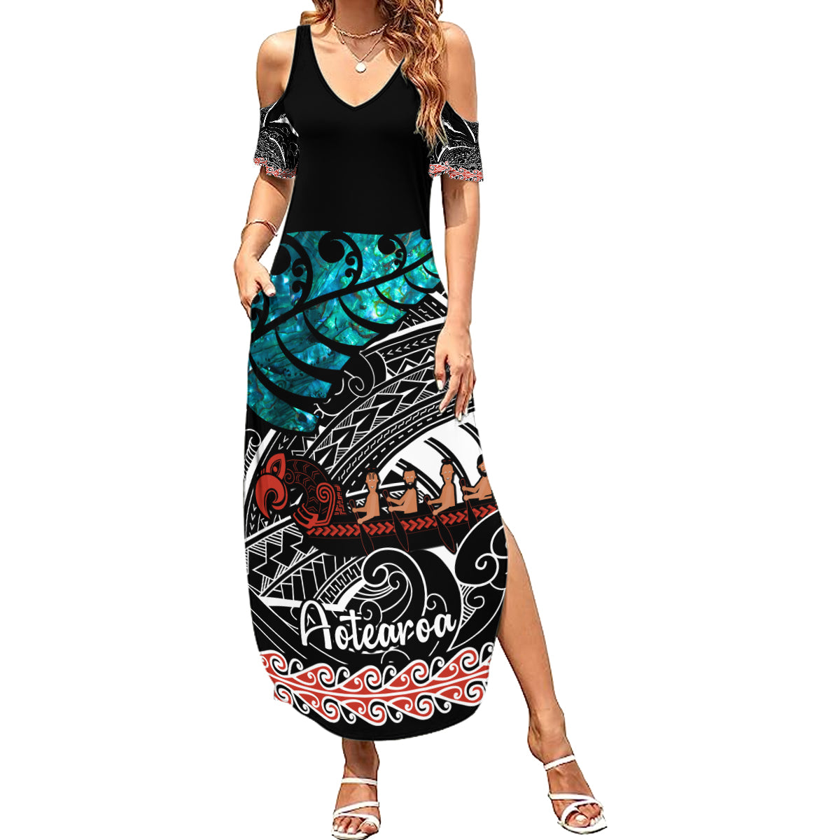 personalised-new-zealand-waka-family-matching-summer-maxi-dress-and-hawaiian-shirt-aotearoa-maori-silver-fern-pattern