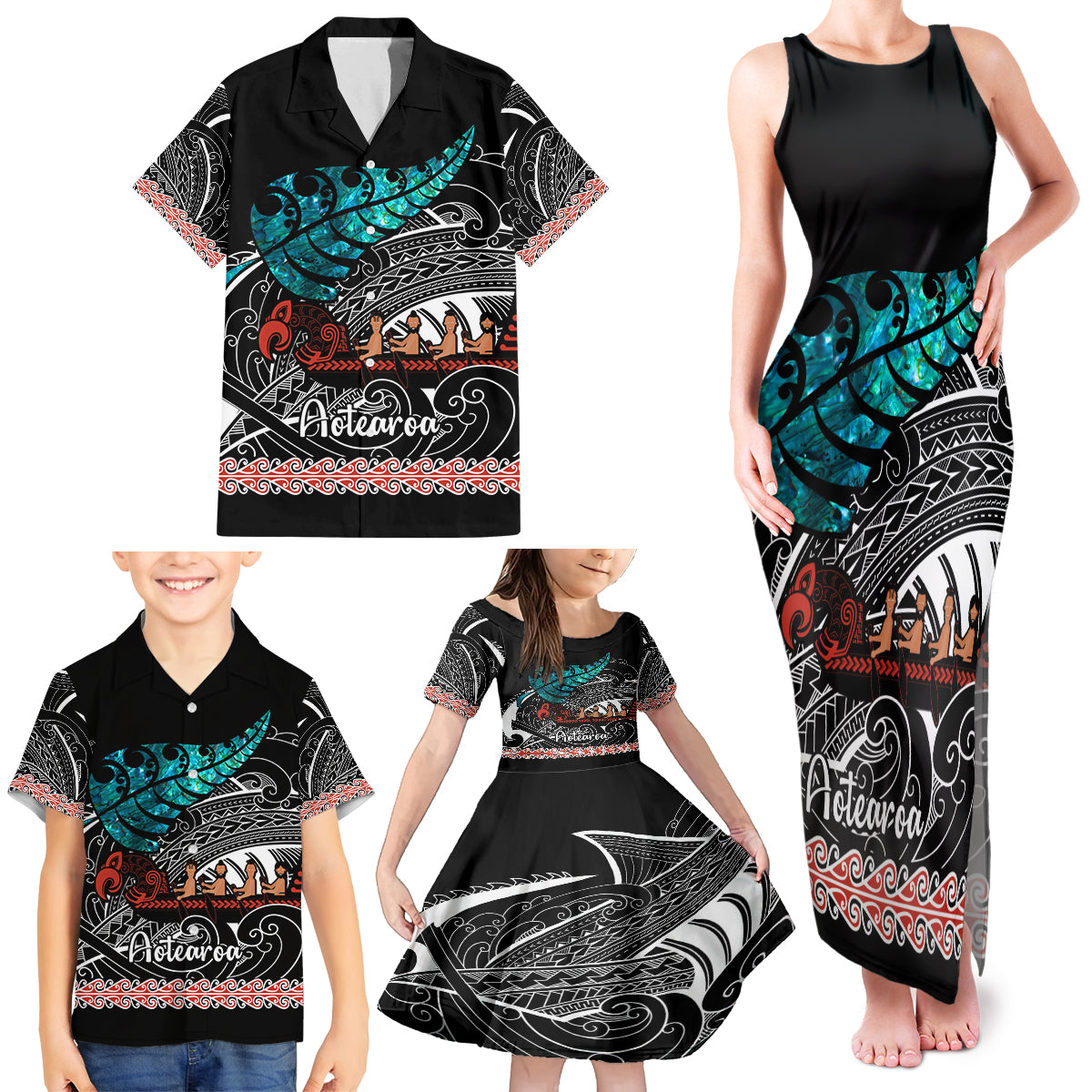 personalised-new-zealand-waka-family-matching-tank-maxi-dress-and-hawaiian-shirt-aotearoa-maori-silver-fern-pattern