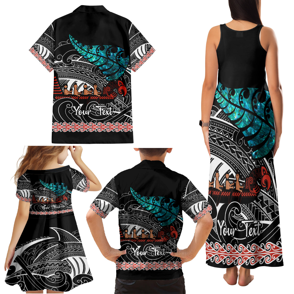 personalised-new-zealand-waka-family-matching-tank-maxi-dress-and-hawaiian-shirt-aotearoa-maori-silver-fern-pattern