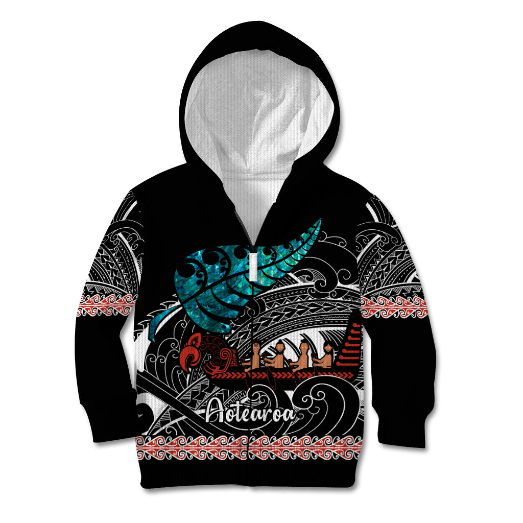 Personalised New Zealand Waka Kid Hoodie Aotearoa Maori Silver Fern Pattern - Vibe Hoodie Shop