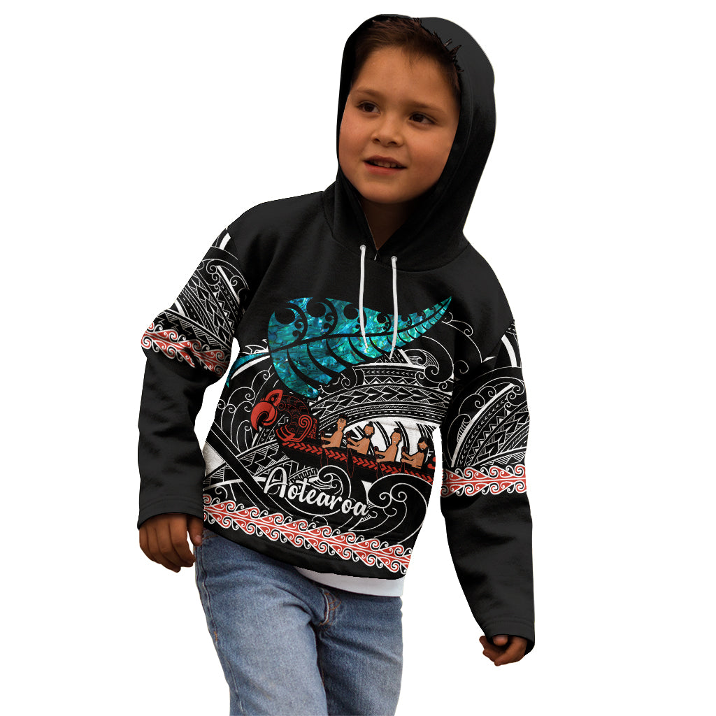 Personalised New Zealand Waka Kid Hoodie Aotearoa Maori Silver Fern Pattern - Vibe Hoodie Shop