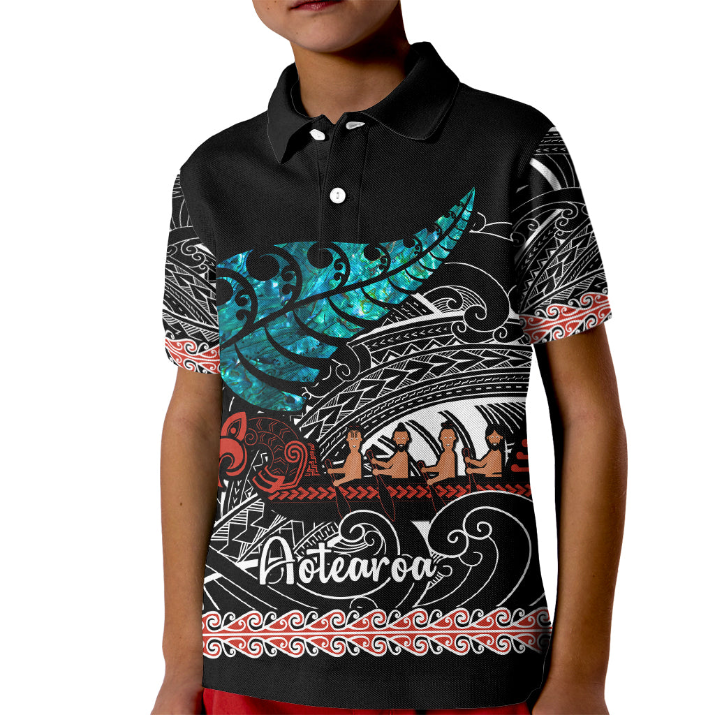 Personalised New Zealand Waka Kid Polo Shirt Aotearoa Maori Silver Fern Pattern - Vibe Hoodie Shop