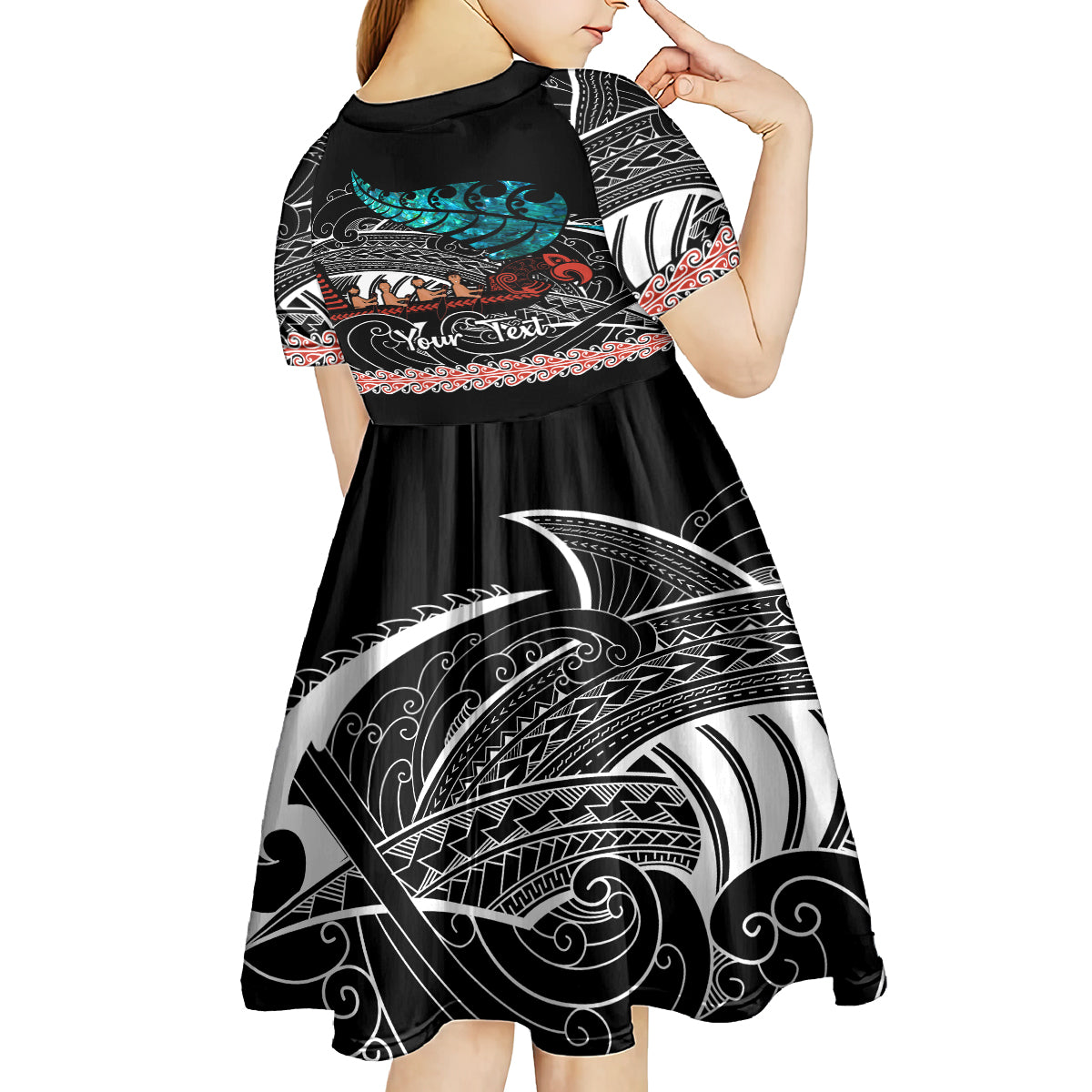 Personalised New Zealand Waka Kid Short Sleeve Dress Aotearoa Maori Silver Fern Pattern - Vibe Hoodie Shop