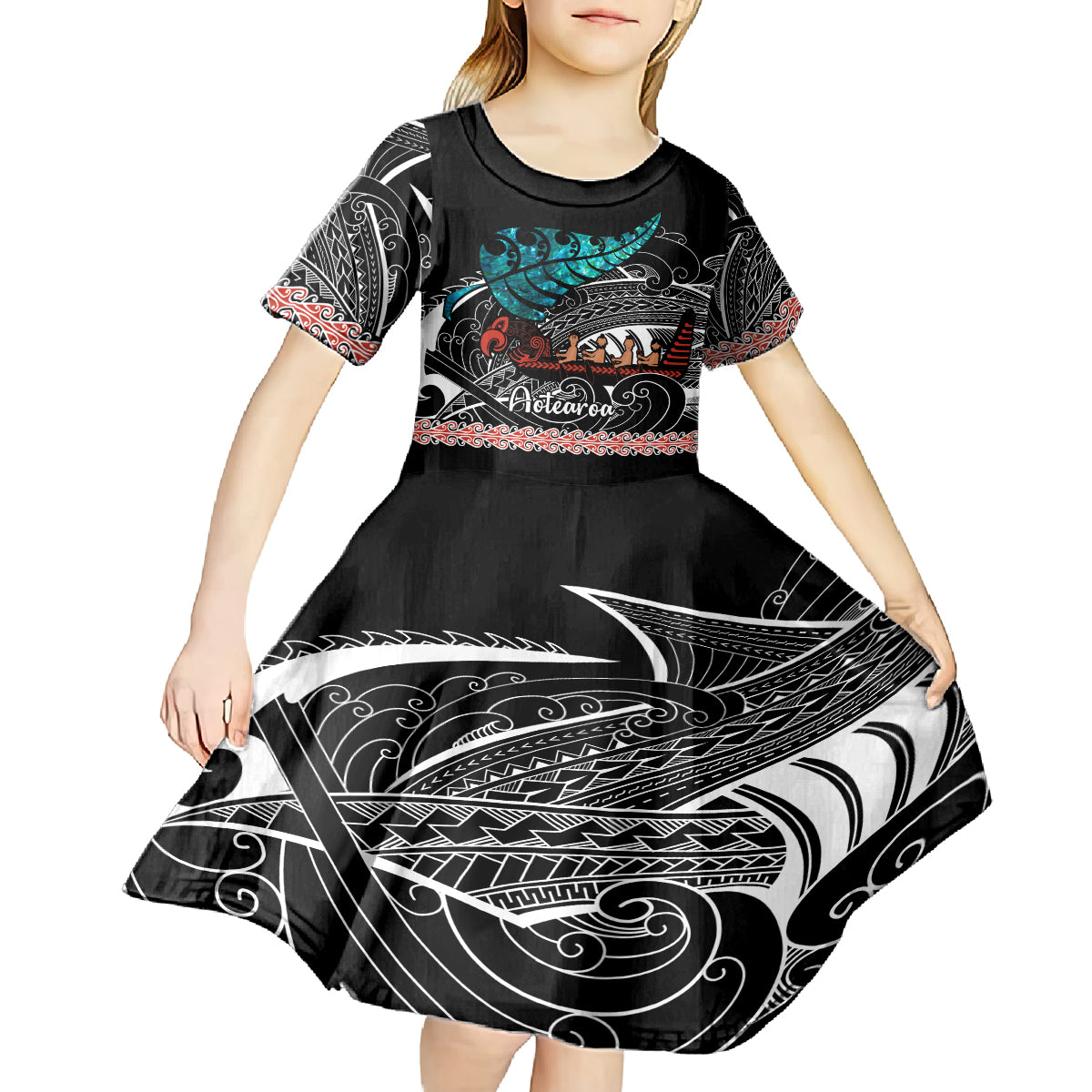 Personalised New Zealand Waka Kid Short Sleeve Dress Aotearoa Maori Silver Fern Pattern - Vibe Hoodie Shop