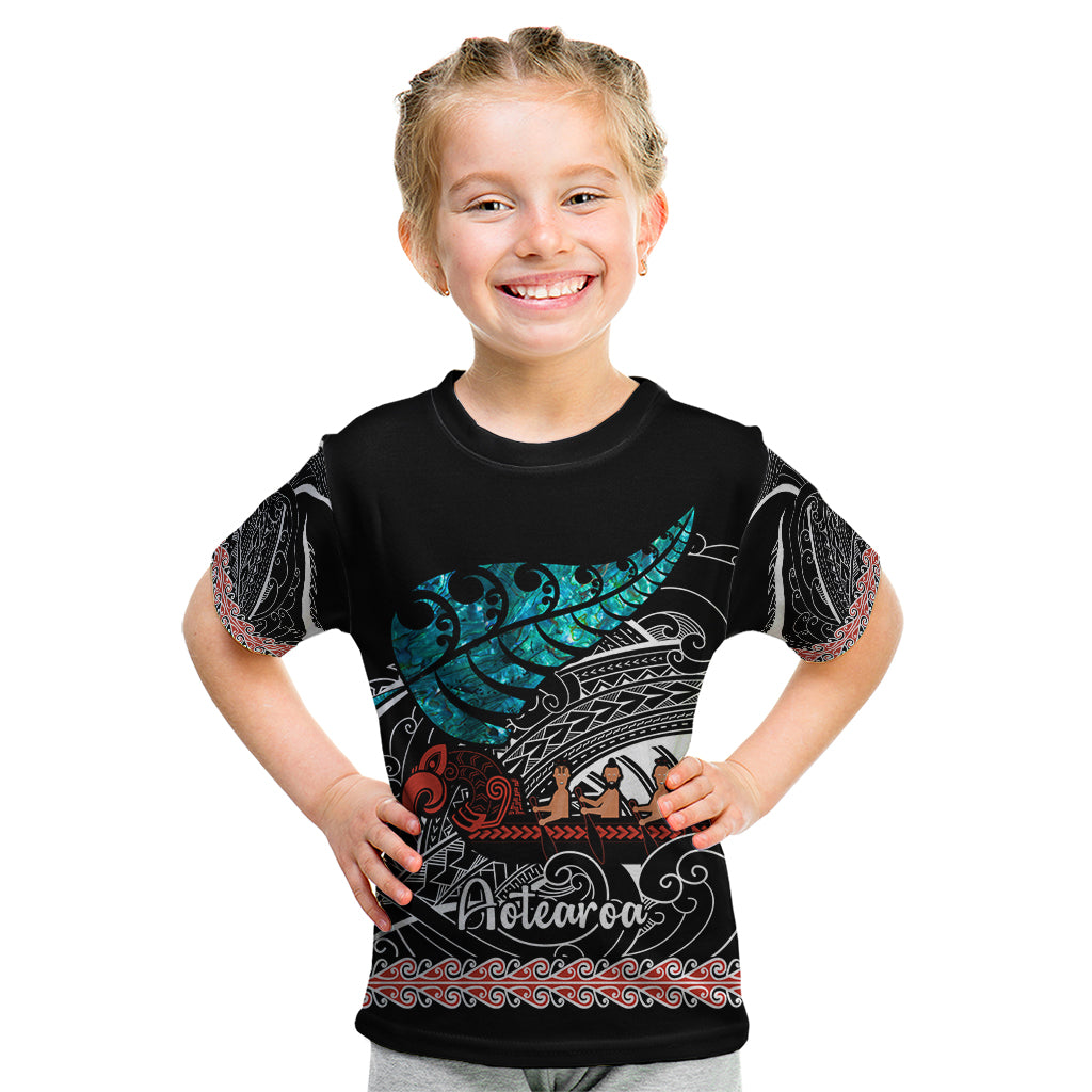 Personalised New Zealand Waka Kid T Shirt Aotearoa Maori Silver Fern Pattern - Vibe Hoodie Shop