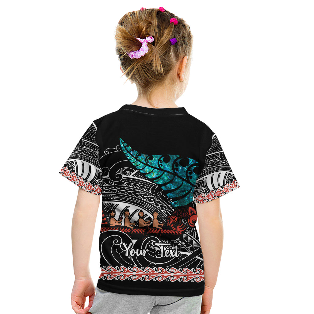 Personalised New Zealand Waka Kid T Shirt Aotearoa Maori Silver Fern Pattern - Vibe Hoodie Shop