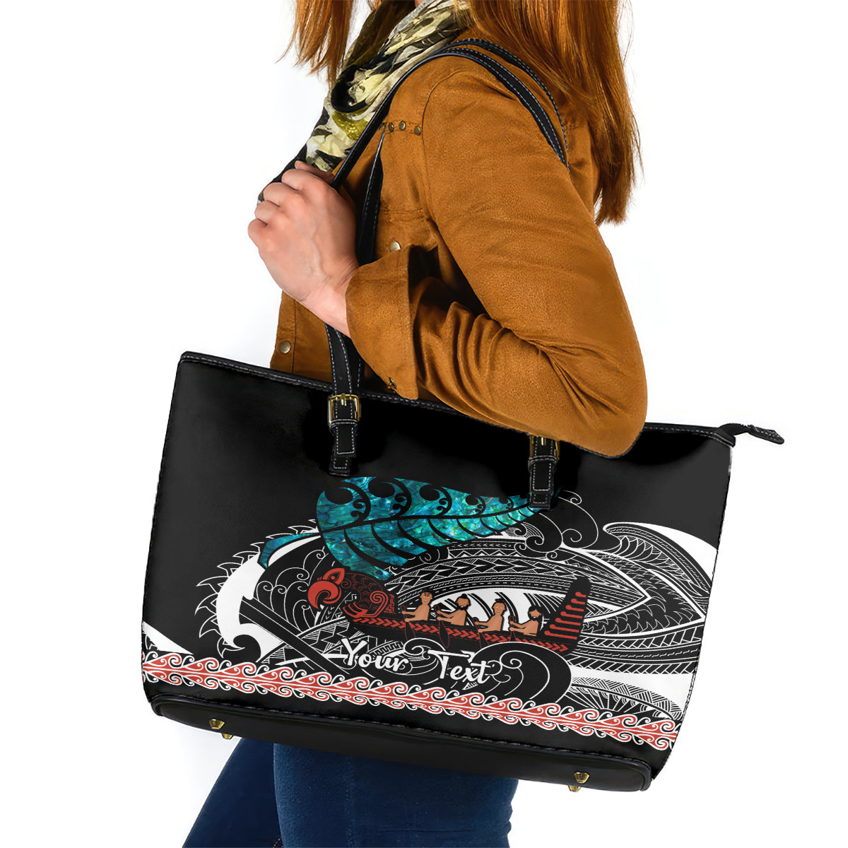 personalised-new-zealand-waka-leather-tote-bag-aotearoa-maori-silver-fern-pattern