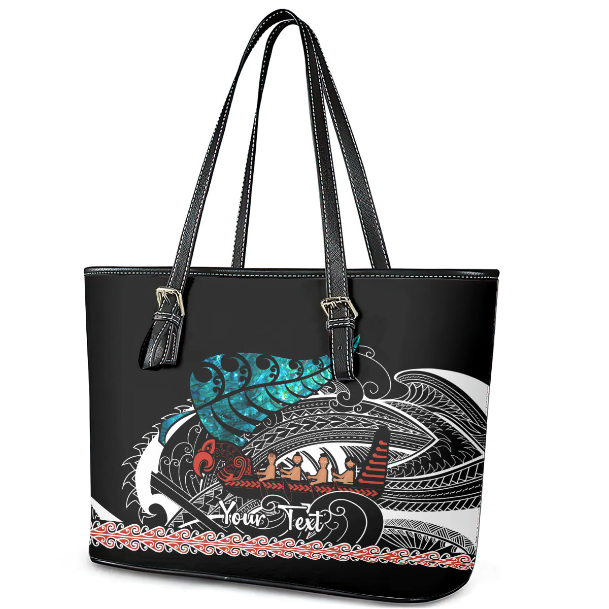 personalised-new-zealand-waka-leather-tote-bag-aotearoa-maori-silver-fern-pattern