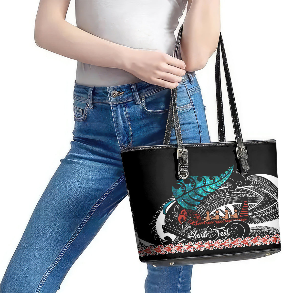 personalised-new-zealand-waka-leather-tote-bag-aotearoa-maori-silver-fern-pattern