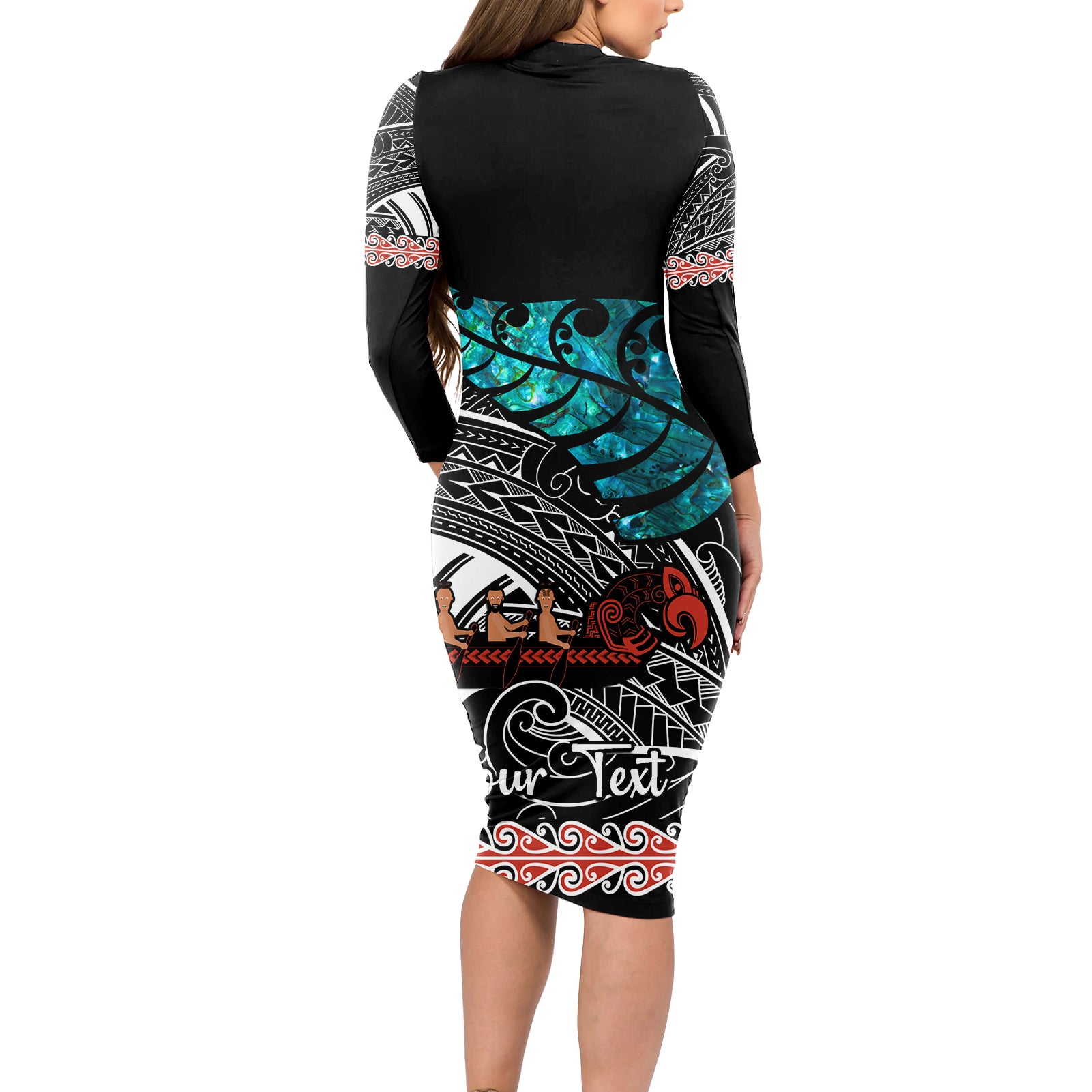 personalised-new-zealand-waka-long-sleeve-bodycon-dress-aotearoa-maori-silver-fern-pattern