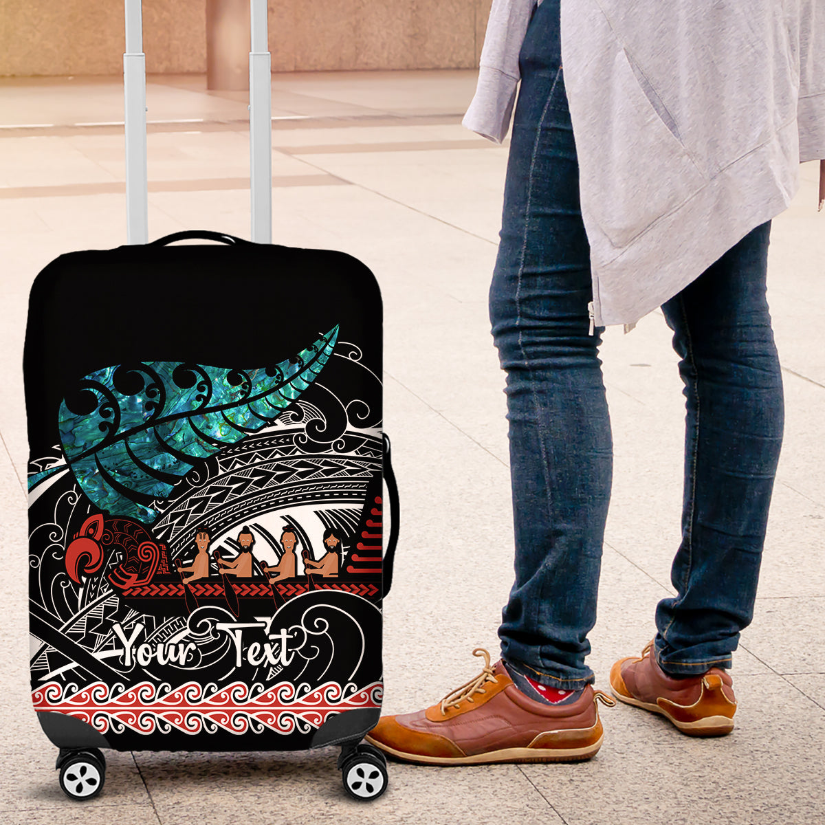 Personalised New Zealand Waka Luggage Cover Aotearoa Maori Silver Fern Pattern - Vibe Hoodie Shop