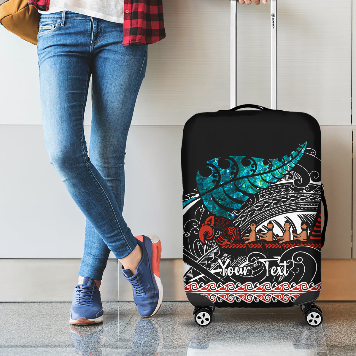 Personalised New Zealand Waka Luggage Cover Aotearoa Maori Silver Fern Pattern - Vibe Hoodie Shop