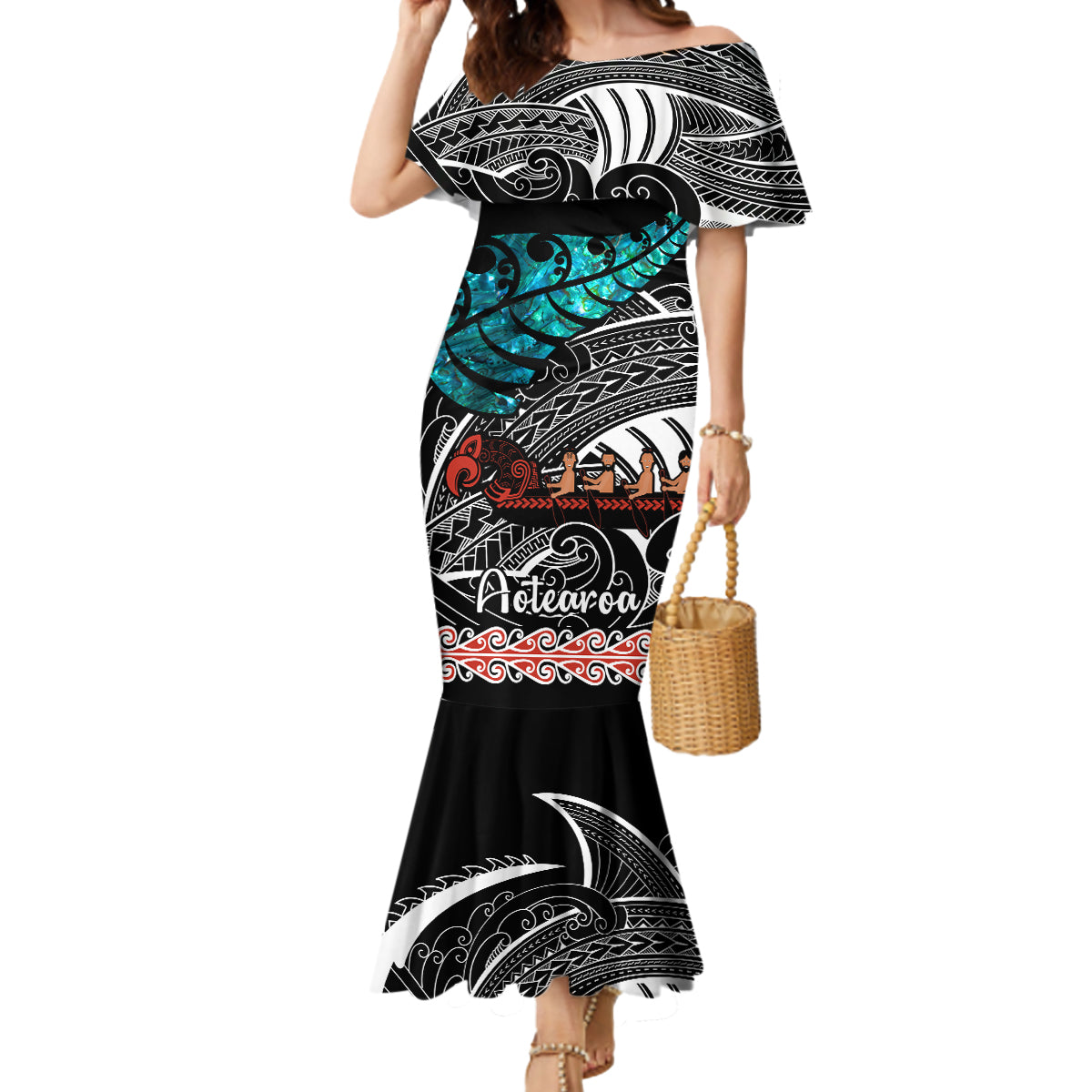 personalised-new-zealand-waka-mermaid-dress-aotearoa-maori-silver-fern-pattern