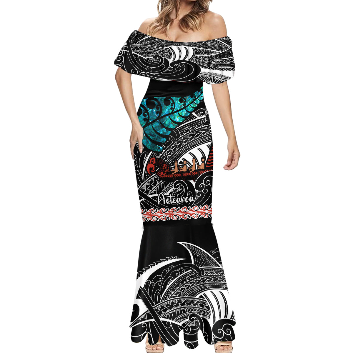 personalised-new-zealand-waka-mermaid-dress-aotearoa-maori-silver-fern-pattern