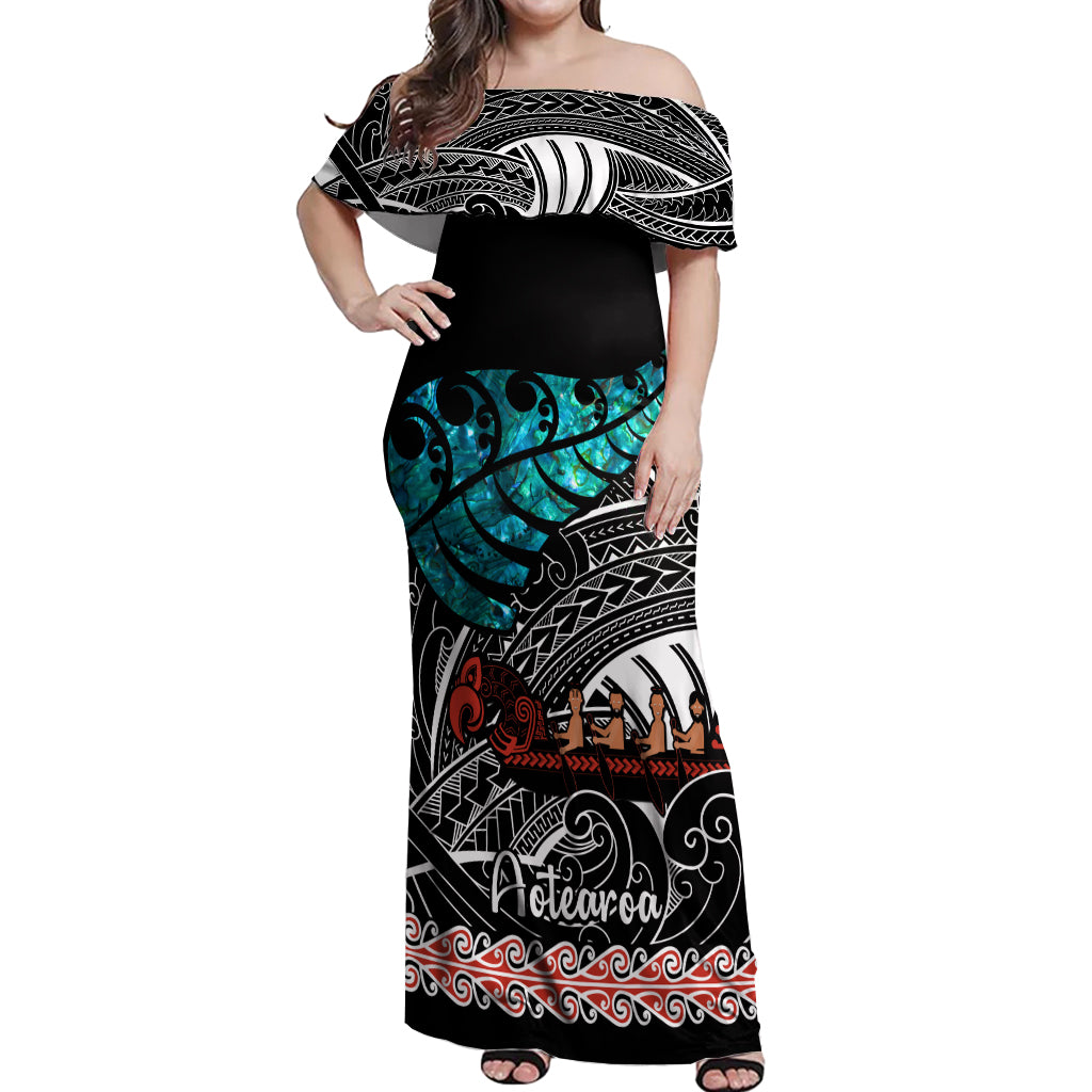 personalised-new-zealand-waka-off-shoulder-maxi-dress-aotearoa-maori-silver-fern-pattern