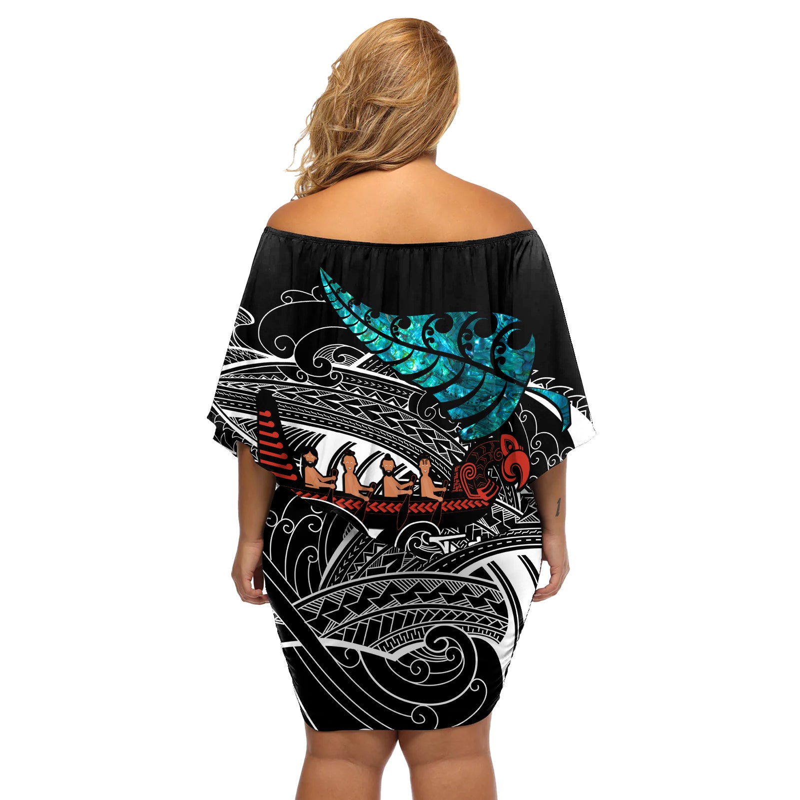 personalised-new-zealand-waka-off-shoulder-short-dress-aotearoa-maori-silver-fern-pattern