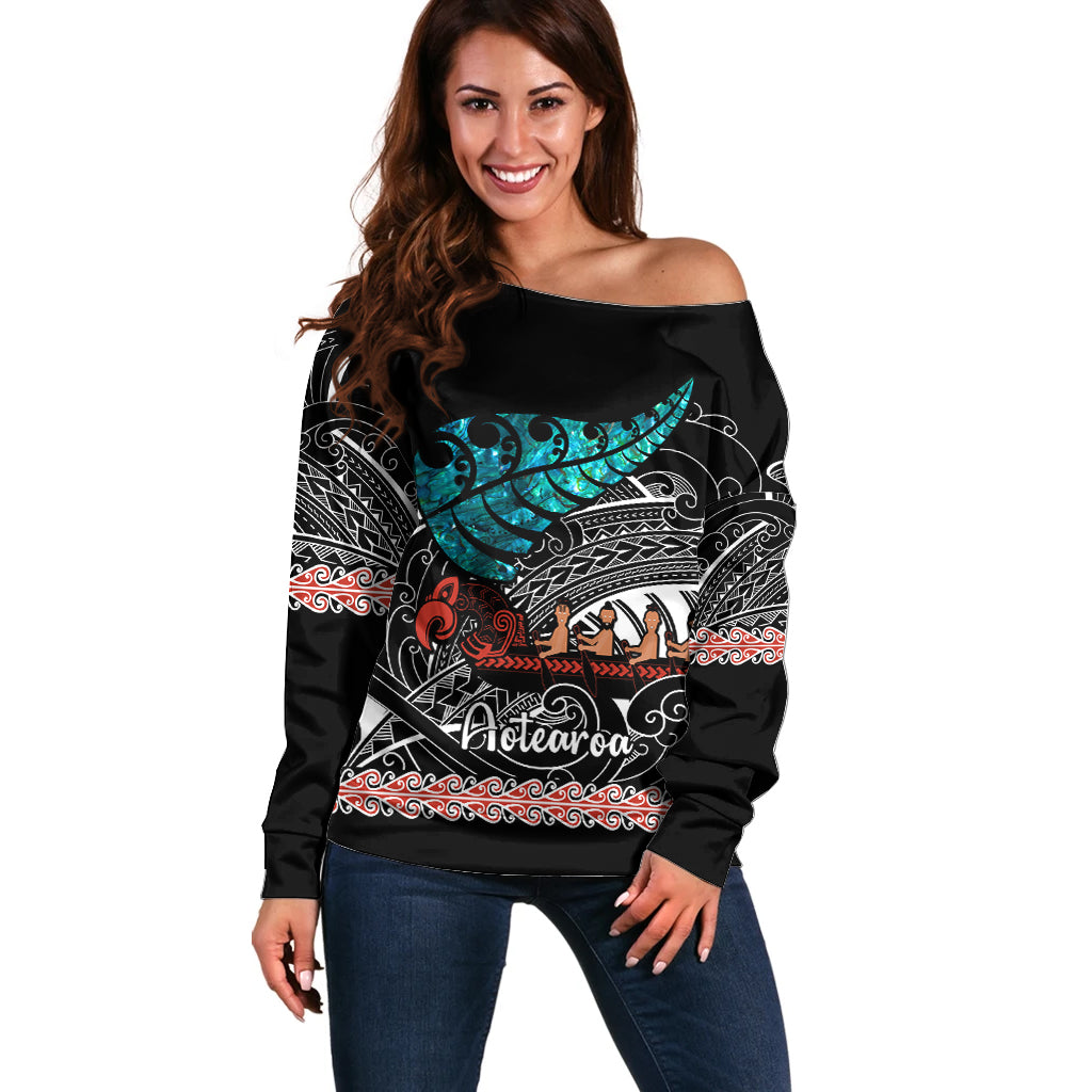 Personalised New Zealand Waka Off Shoulder Sweater Aotearoa Maori Silver Fern Pattern - Vibe Hoodie Shop