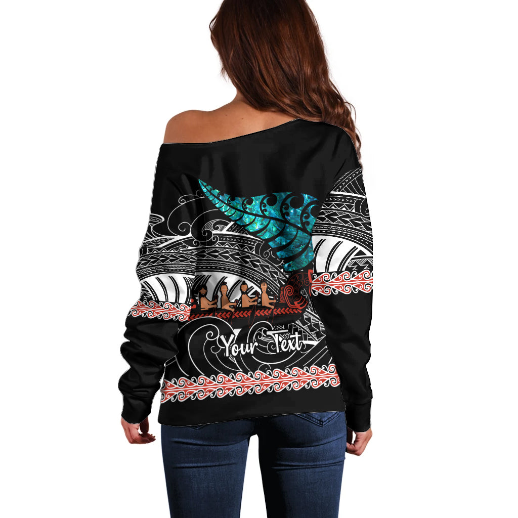 Personalised New Zealand Waka Off Shoulder Sweater Aotearoa Maori Silver Fern Pattern - Vibe Hoodie Shop