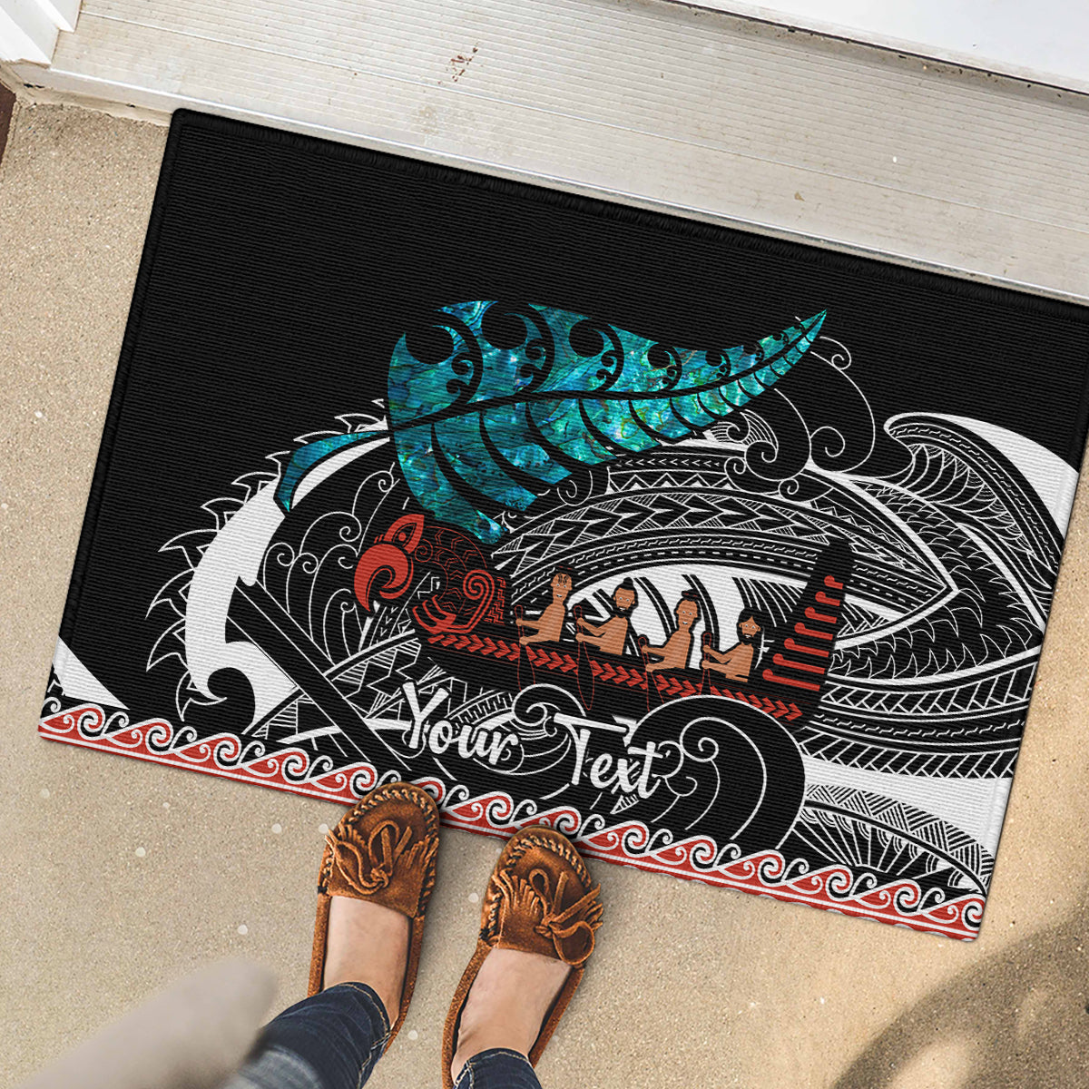 personalised-new-zealand-waka-rubber-doormat-aotearoa-maori-silver-fern-pattern