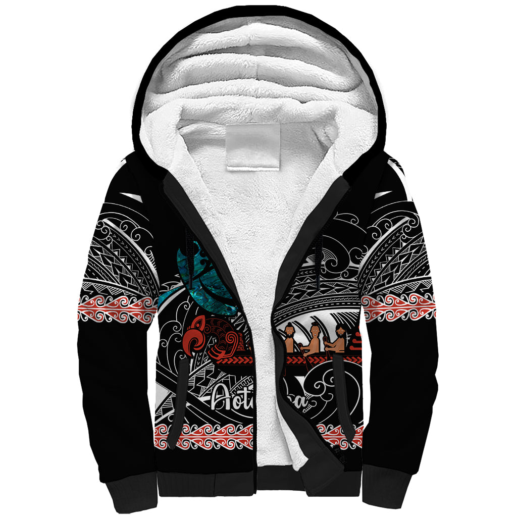 Personalised New Zealand Waka Sherpa Hoodie Aotearoa Maori Silver Fern Pattern - Vibe Hoodie Shop