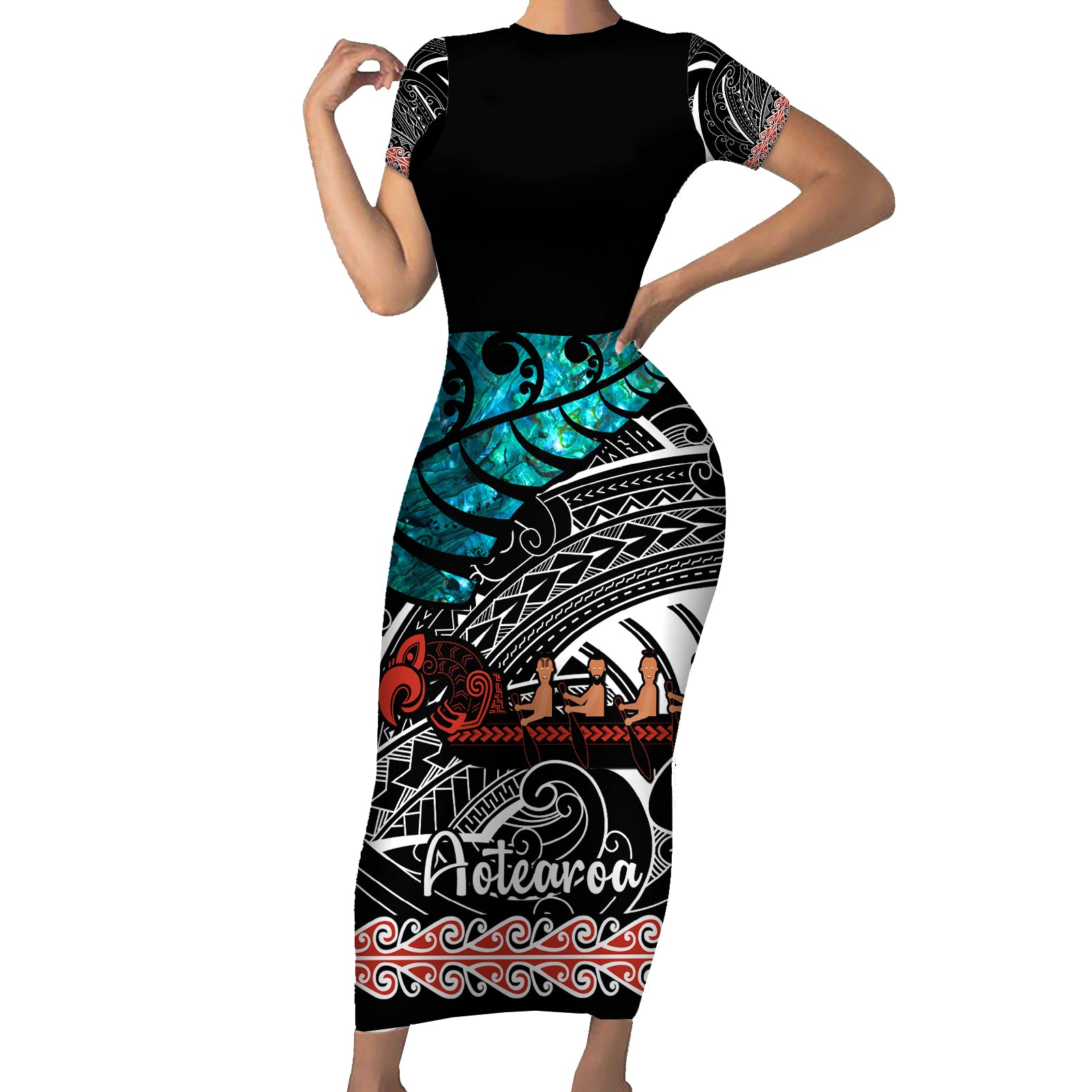 personalised-new-zealand-waka-short-sleeve-bodycon-dress-aotearoa-maori-silver-fern-pattern