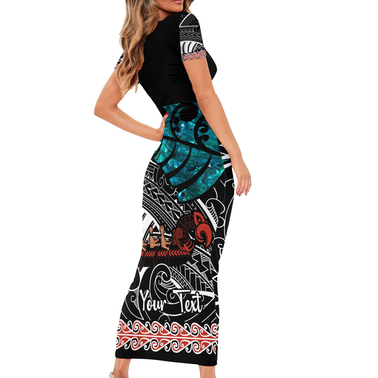 personalised-new-zealand-waka-short-sleeve-bodycon-dress-aotearoa-maori-silver-fern-pattern