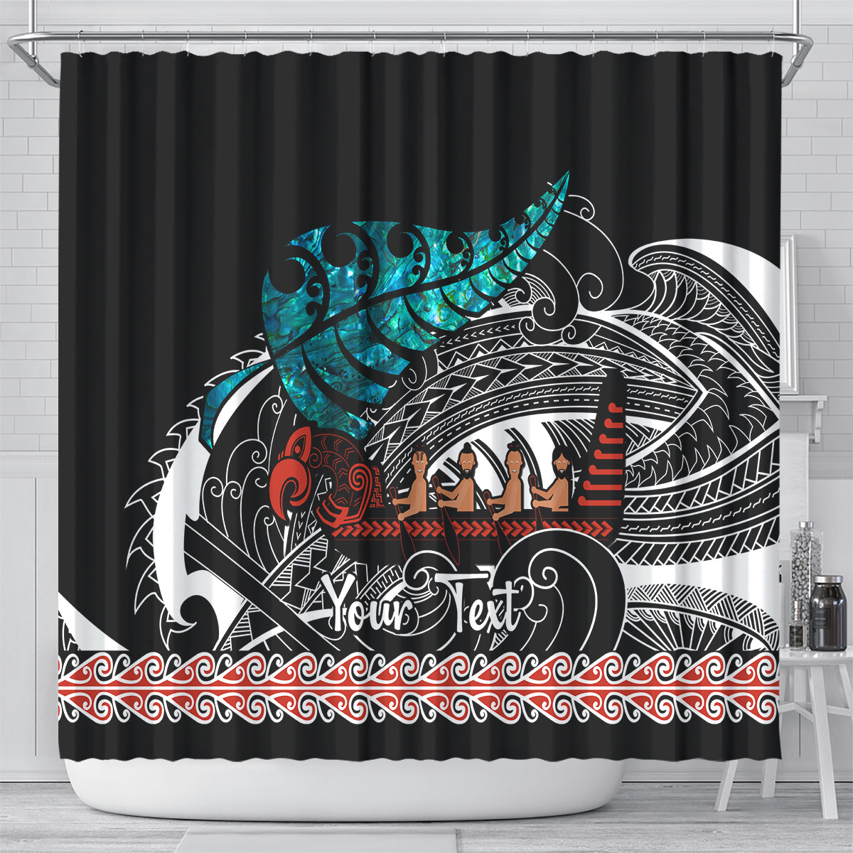 personalised-new-zealand-waka-shower-curtain-aotearoa-maori-silver-fern-pattern