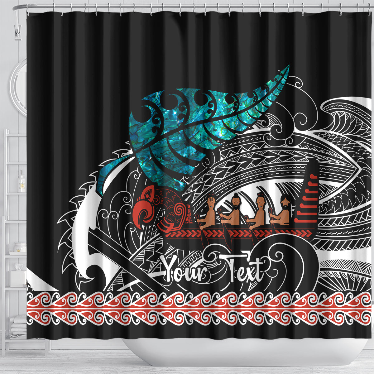 personalised-new-zealand-waka-shower-curtain-aotearoa-maori-silver-fern-pattern