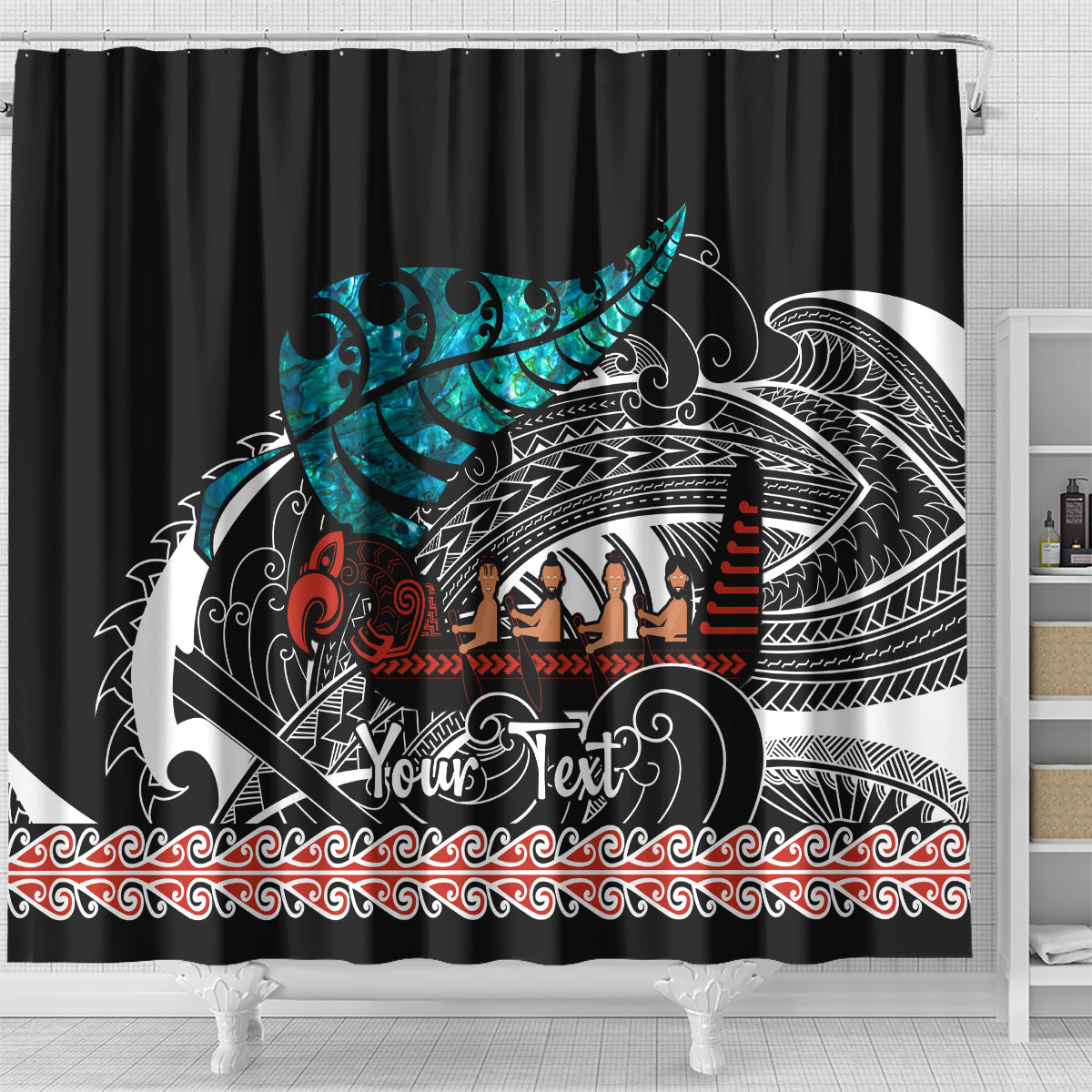 personalised-new-zealand-waka-shower-curtain-aotearoa-maori-silver-fern-pattern